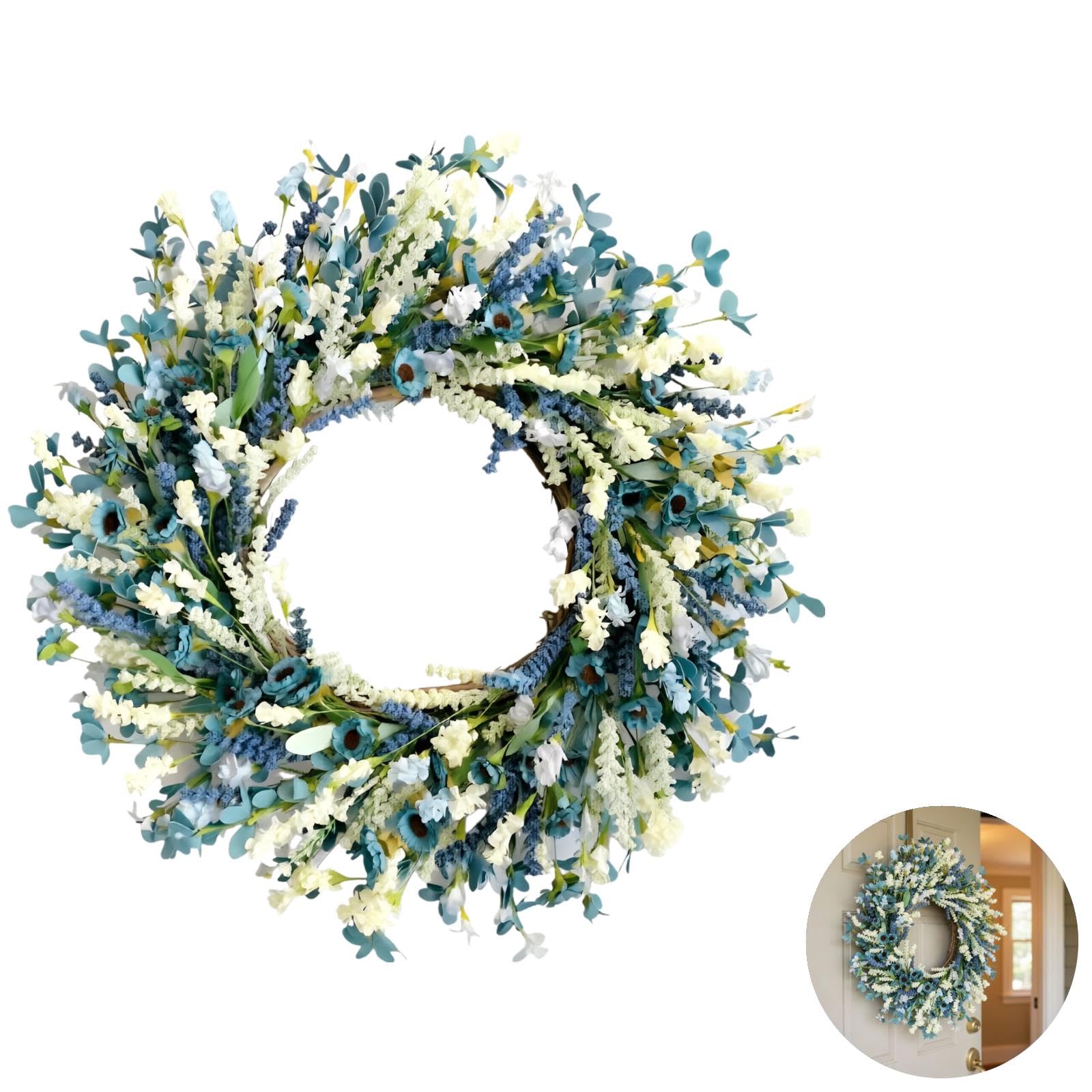 Ghirlanda di fiori artificiali da 15.7 in / 40 cm, ghirlanda floreale mista blu e bianca, verde intenso, decorazione primaverile estiva per porta d'ingresso, da appendere alla parete, composizione
