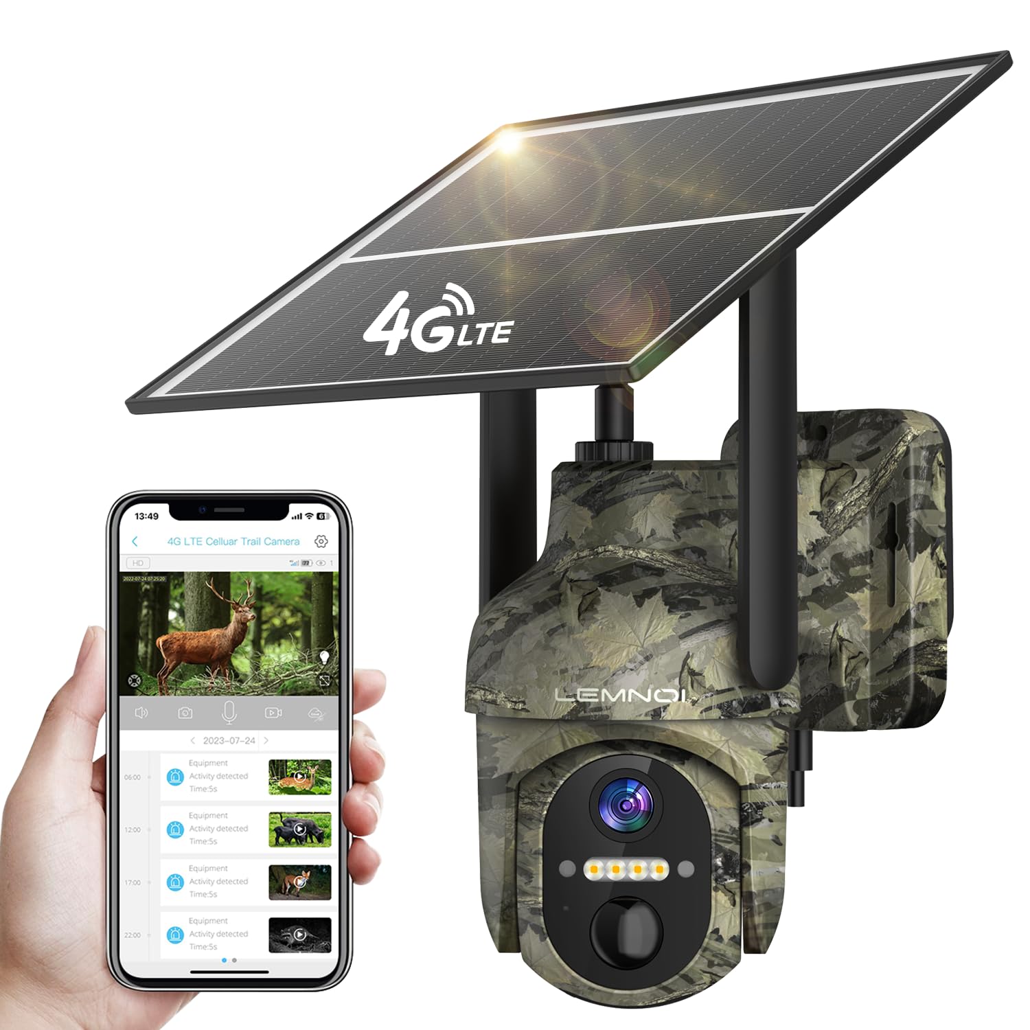 LEMNOI Camara Vigilancia 4G Exterior Solar con Tarjeta SIM Preinstalado sin WiFi, 4G Cámara con 2K Visión Nocturna, Detección de Movimiento, PTZ 360°, Audio Bidireccional, IP66 Impermeable (1 Pieza)