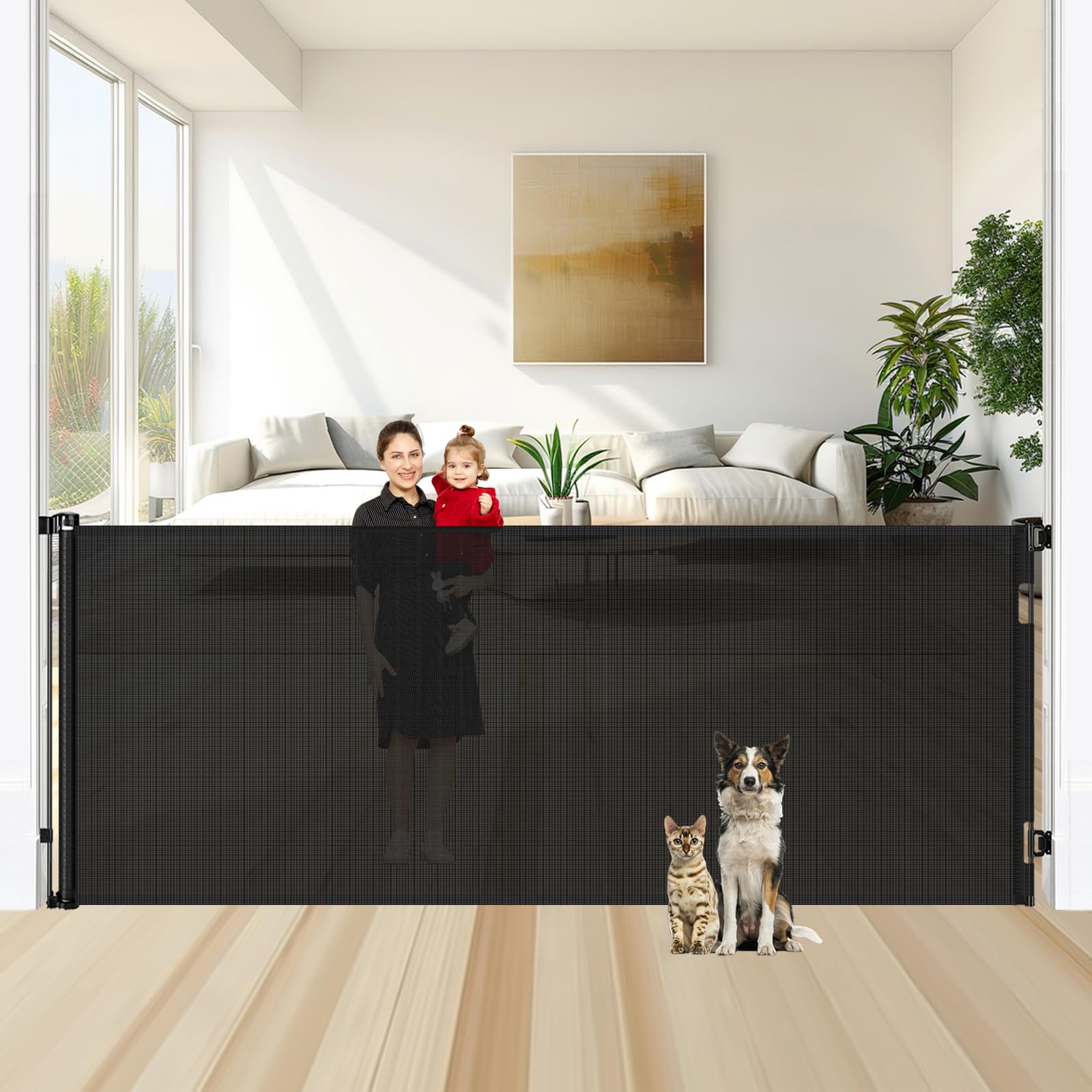 48" Tall X 95" Wide Retractable Baby Gates Extra Wide Dog Gate Extra Long Pet Gate Indoor Outdoor Large Baby Gate Mesh Tall Cat Gate for Doorways -