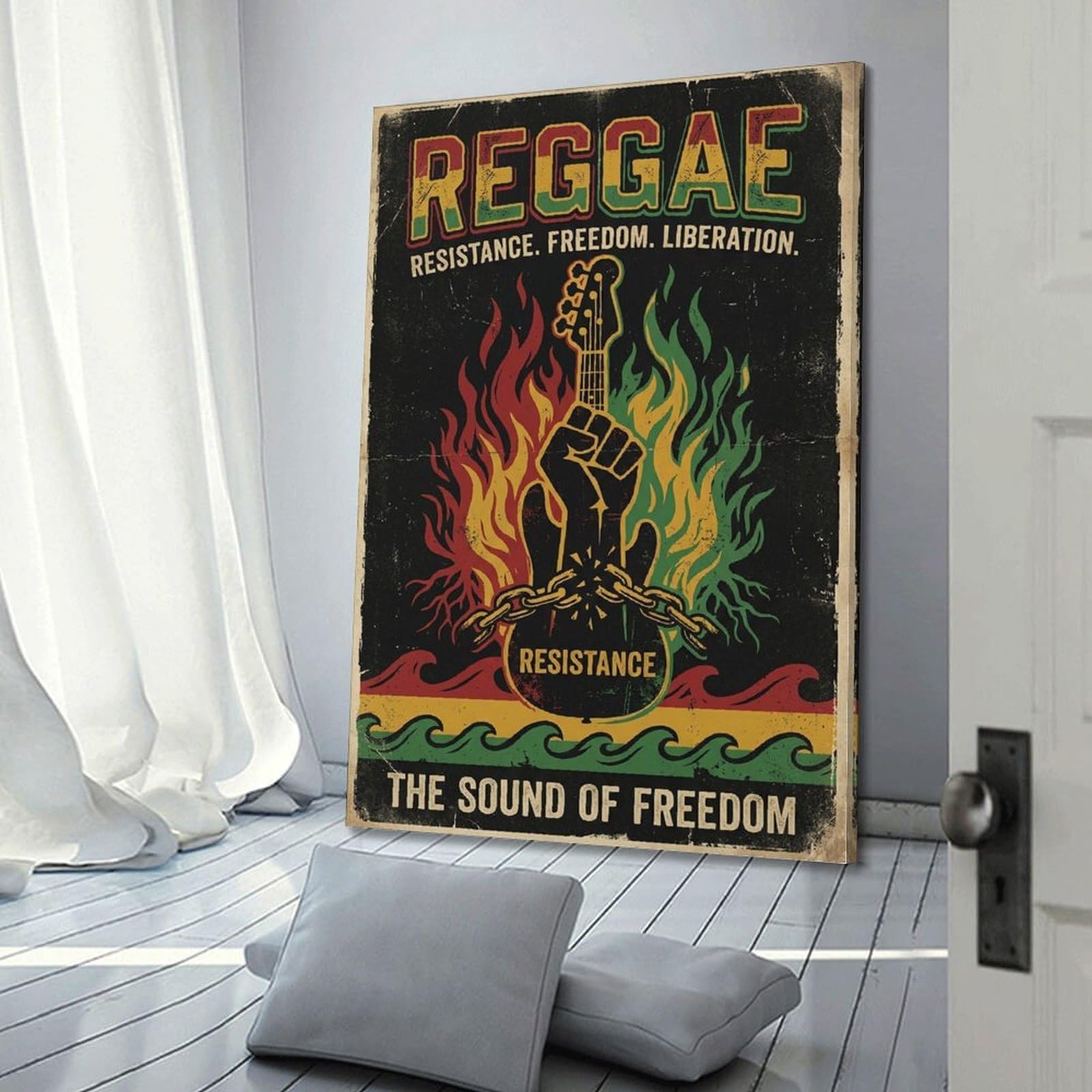 XKUGA Poster con stampa su tela con musica Reggae, motivo: pugno di chitarra, moderno, decorativo, ideale per famiglia, grotta degli uomini, sala giochi, camera da letto di ragazzi e ragazze, 60 x 90