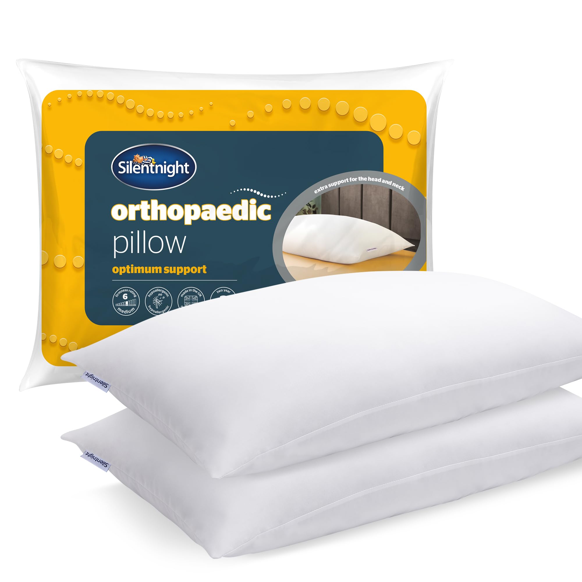 Silentnight Orthopaedic Pillow Pair - Support Head and Neck for Spinal Alignment to Ease Aches and Pains - Filled with Foam and Hollowfibre Covered in a Soft Touch Microfibre for Comfort, 2 Pack