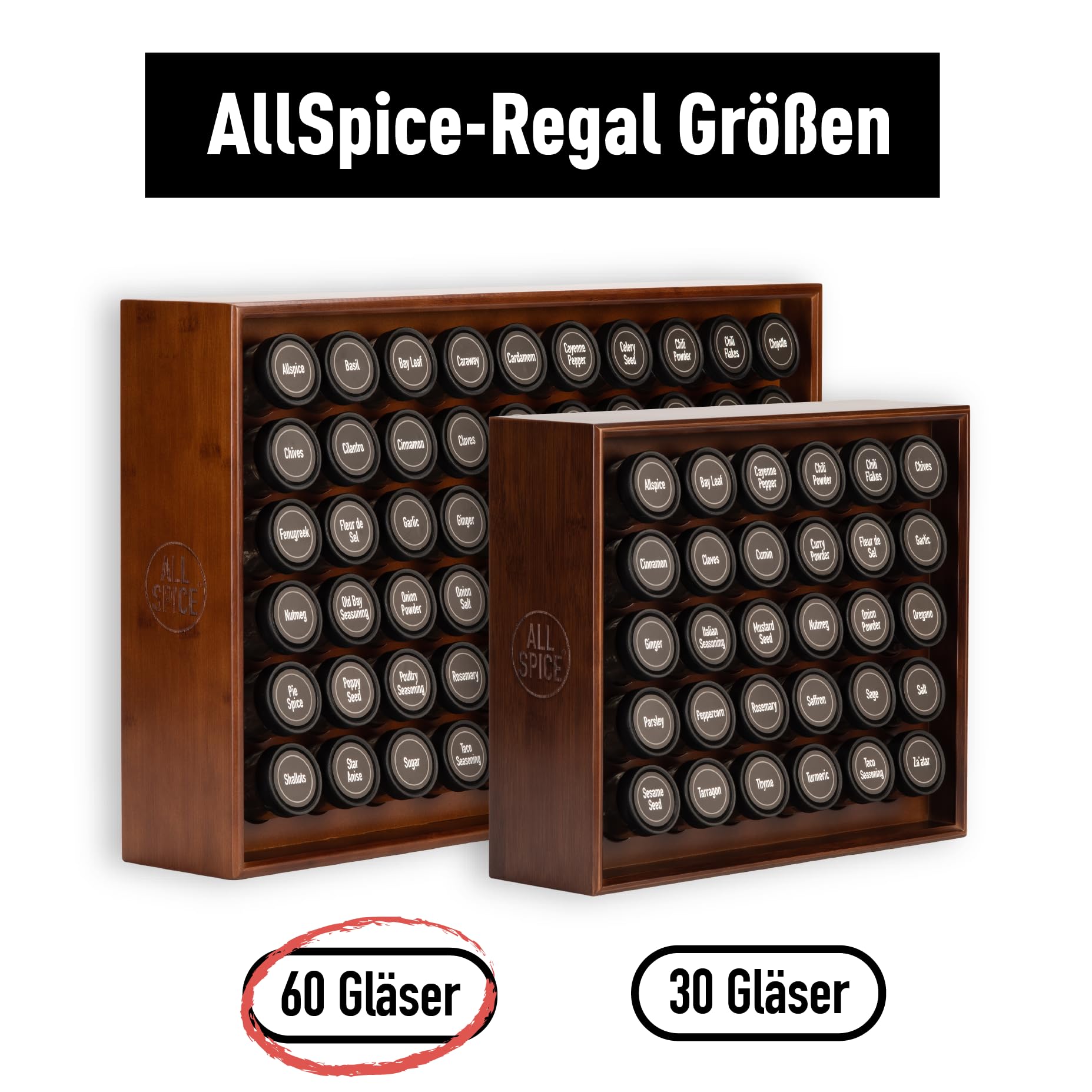 AllSpice Gewürzregal aus Holz, inkl. 60 Gläser 118 ml, Walnussholz