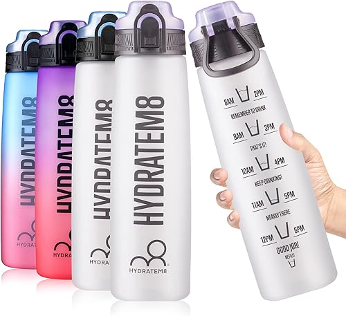 HYDRATEM8 - Botella de agua deportiva motivacional activa con marcas de tiempo, sin BPA, botella de bebidas, 32 onzas - esmerilado