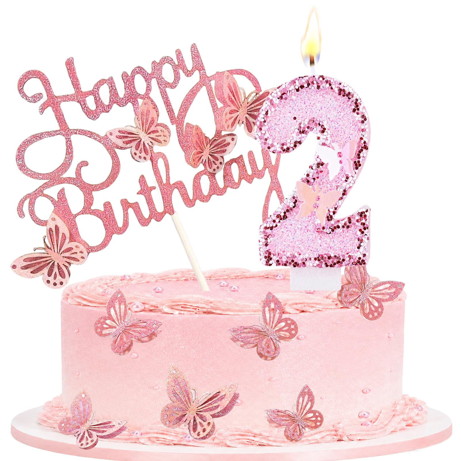 Birthday Candle with Pink Butterfly Cake Topper for Party, Number 2 — image 1