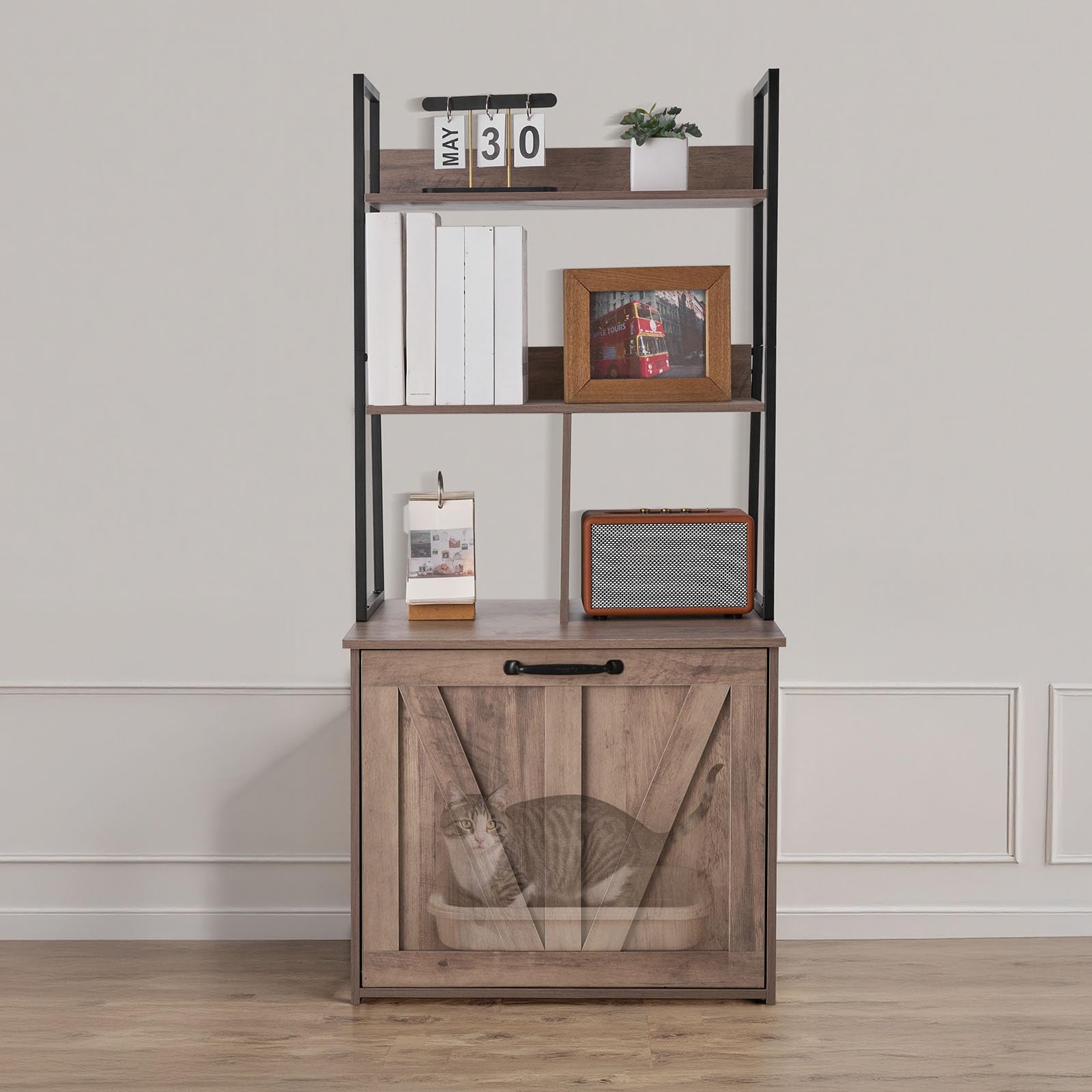 VEVOR Meuble Litière pour Chat 60x50x127,2 cm, Cache-Litière pour Chat avec Étagères de Rangement pour Salon, Entrée Latérale, Table d'Appoint Imperméable, Capacité de Charge 60 kg, Style Moderne