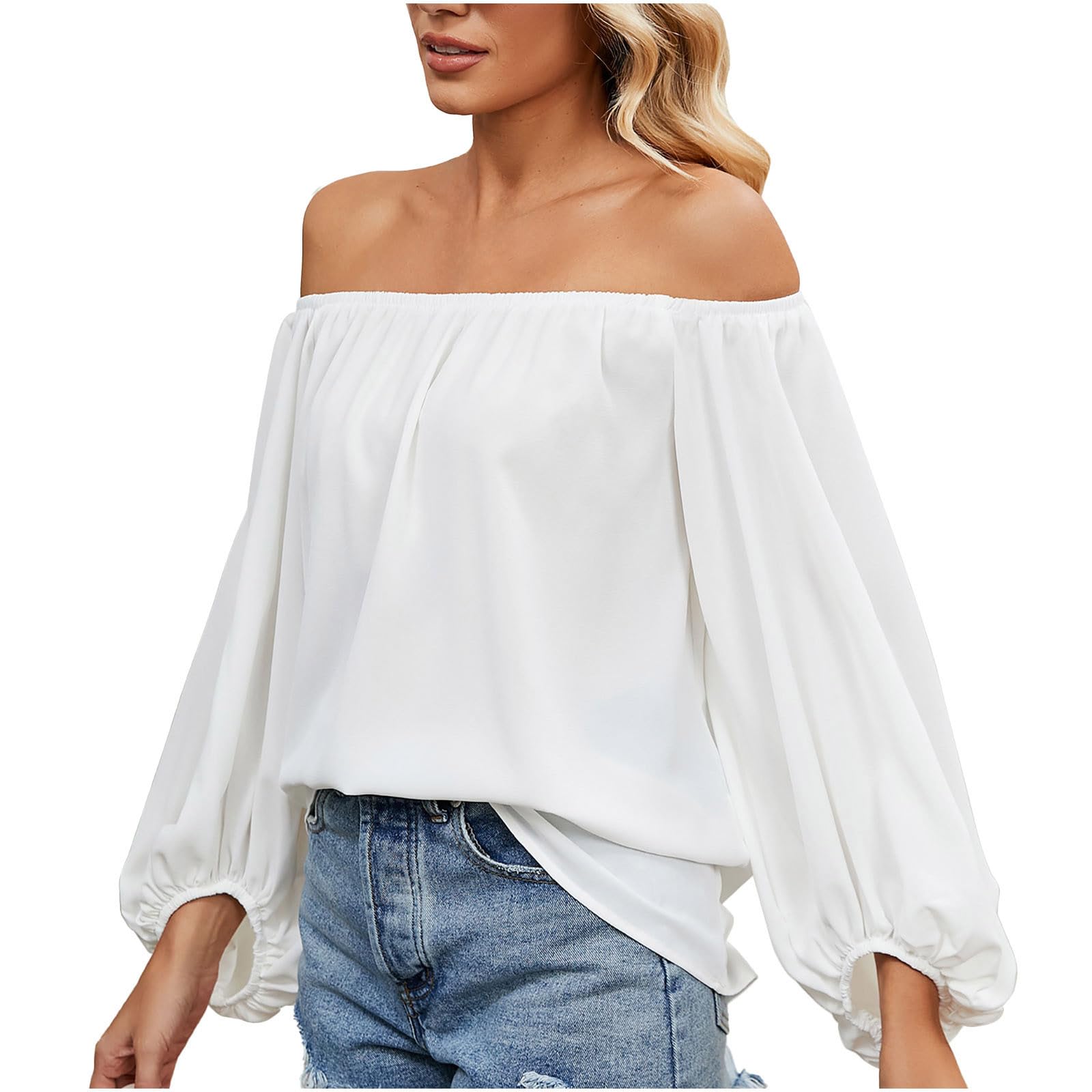 ZEZKT Blusas de Gasa para Mujer Blusas de Manga Larga con Hombros Descubiertos Blusas de Gasa con Hombros Descubiertos Blusas de Gasa con Hombros Descubiertos Blusas de Gasa para Mujer Primavera/Otoño