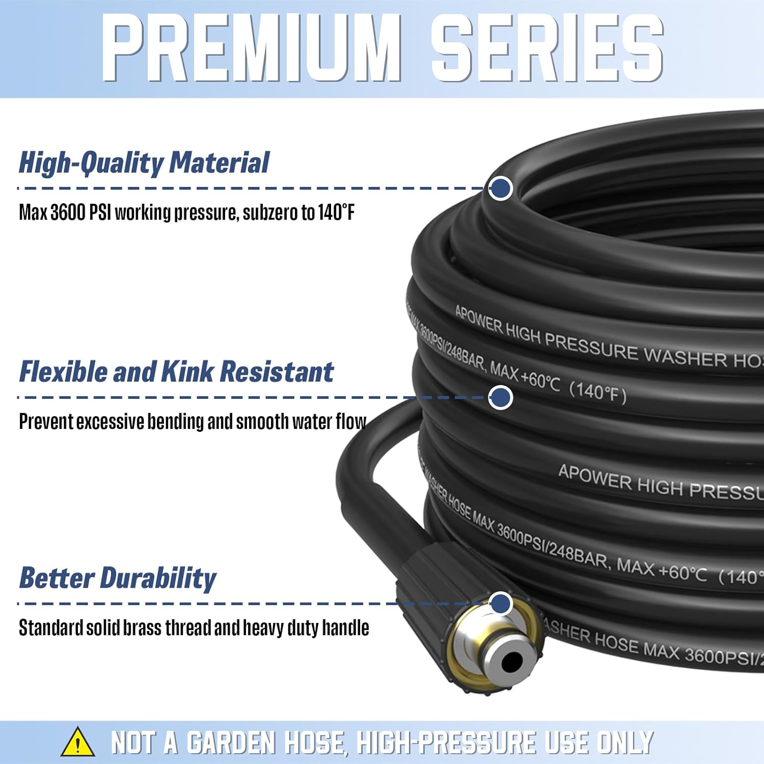 PVC Pressure Washer Hose 50 FT x 1/4", Kink Resistant Power Washer Hose, High Pressure Water Hose Extension Replacement for Home Use, 3600 PSI, Dark Black