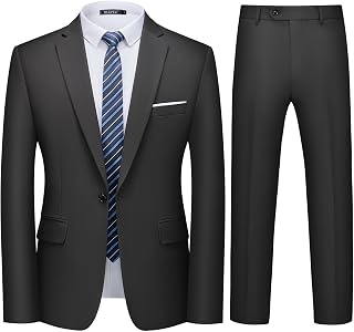 WULFUL Men's Slim Fit 2-Piece Suit Set: One-Button Blazer Jacket & Pants Tuxedo for Weddings, Parties, Business – Stretch Comfort