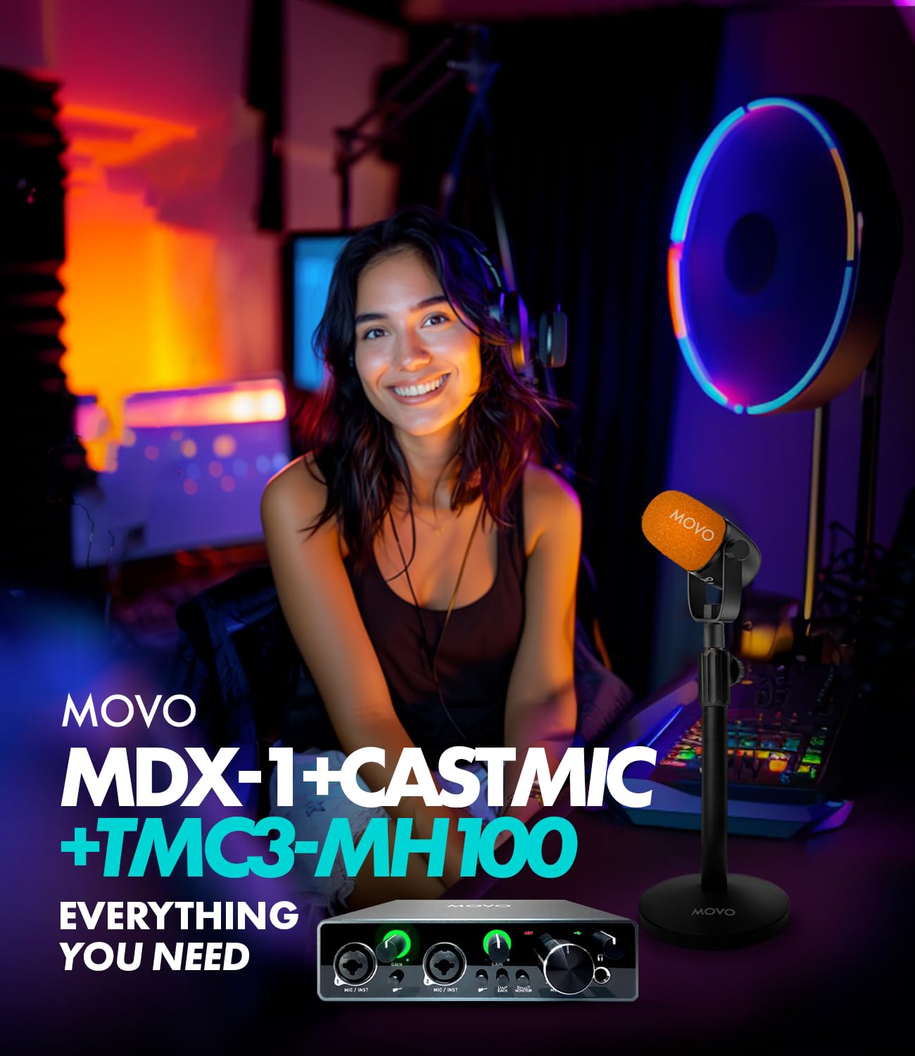 Movo Podcast Equipment Bundle for 2 with USB Audio Interface and 2 CastMic Dynamic Podcast Microphone Bundle with Mic Stands and Headphones for Podcasting, Streaming, and Musicians - Podcast Kit