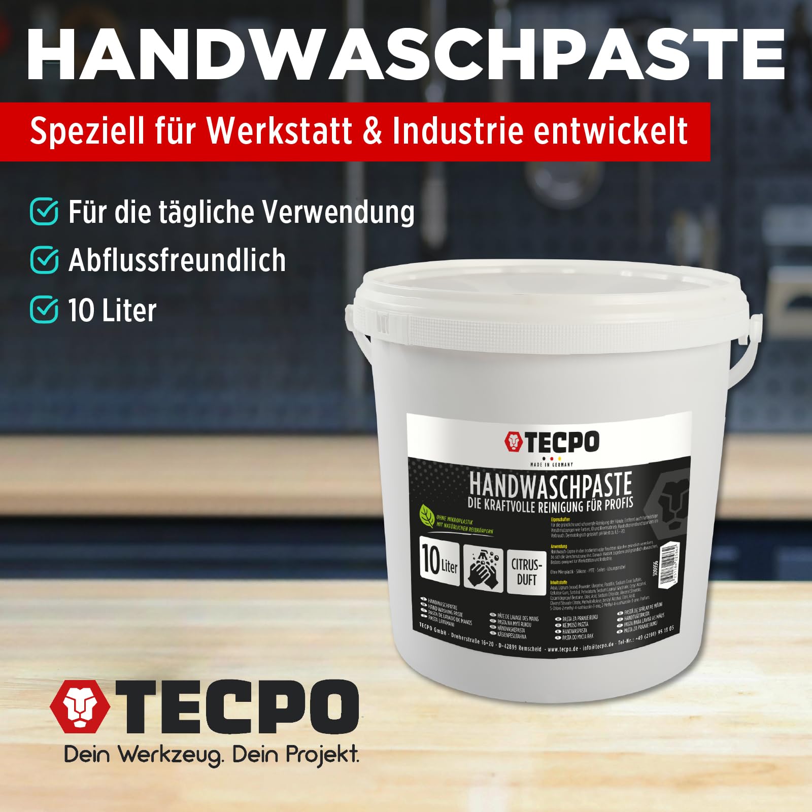 TECPO Pâte nettoyante pour les mains - 10 l - Douce pour la peau - Savon contre les saletés tenaces telles que l'huile, la graisse, la voiture et l'atelier