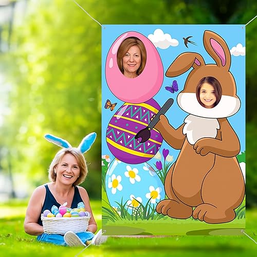 Miniatura 7 de Irenare Cartel de puerta de fotos de conejo de Pascua, tela grande, accesorios de fotos de feliz Pascua, fondo de cara de conejo de huevo, 59 x 39.4