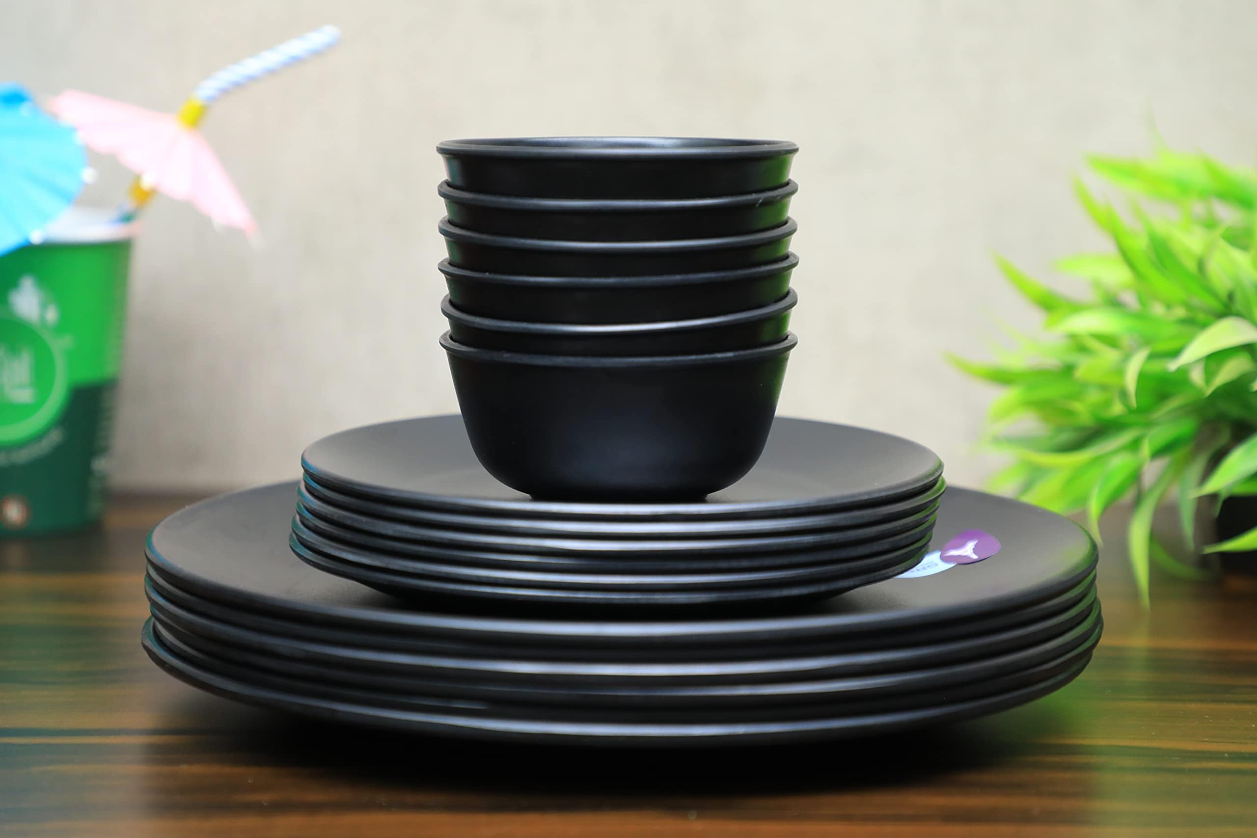 Pack of 18 Black Regular Melamine Dinner Set - Plates and Bowls Dinner Set -Full Plates Small Plates with katoris (Regular Black Design) (Pack of 18)