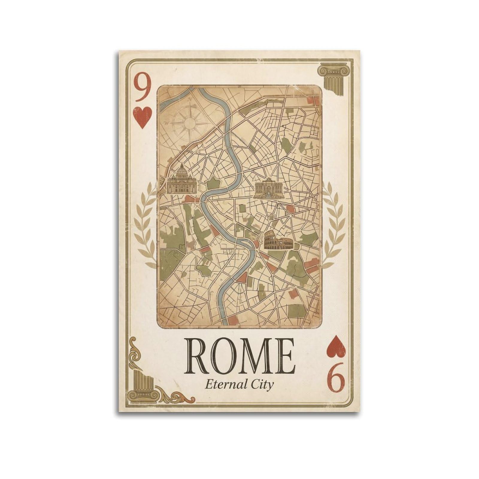 OKNGB Vintage City Map Poster Rome Colosseum Italy Playing Card Style Decorative Painting Canvas Art Picture 20x30inch(50x75cm)