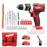 DOGTOOTH 21V MAX Cordless Drill&comma; 2 &ast; 2&period;0 Ah Batteries&comma; 2 Speed Functions Max 1350 RPM&comma; Build-in LED&comma; 23 Bits&comma; Charger&comma; Tool Bag - Red