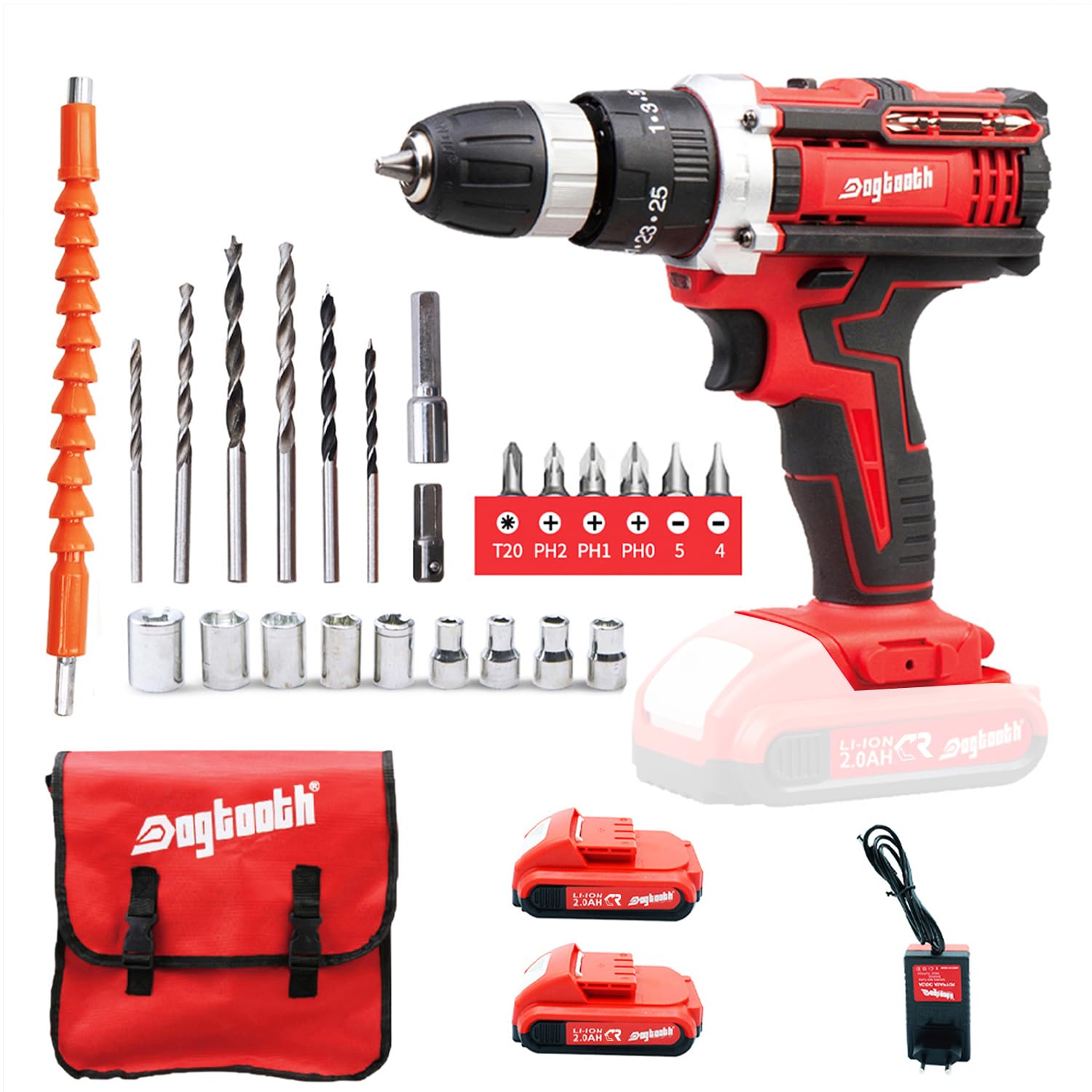 DOGTOOTH 21V MAX Cordless Drill, 2 * 2.0 Ah Batteries, Compatible with Makita 18V Battery, 2 Speed Functions Max 1350 RPM, Build-in LED, 23 Bits, Charger, Tool Bag - Red