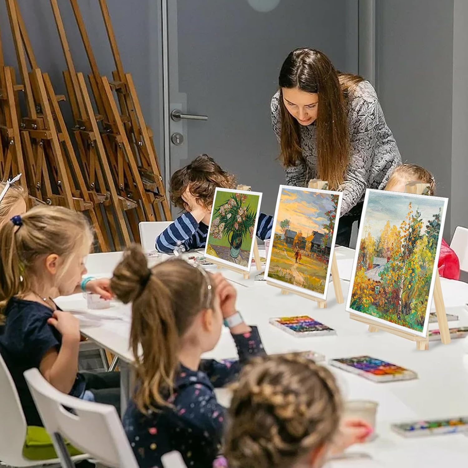 Mini Easels 12 Pack, Small Easels for Painting 24cm/9 Inch, Folding Design, Small Easel with 12 Palettes and 60 Brushes, Suitable for Outdoor Painting Party