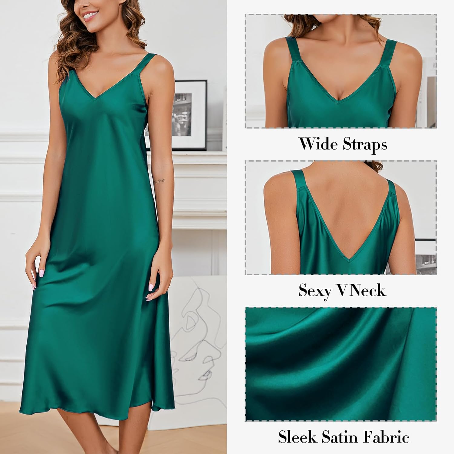Women Long Satin Nightgown Silk Slips Dress Sexy V Neck Sleepwear Sleeveless Nightshirt Wide Strap Chemise - Image 4