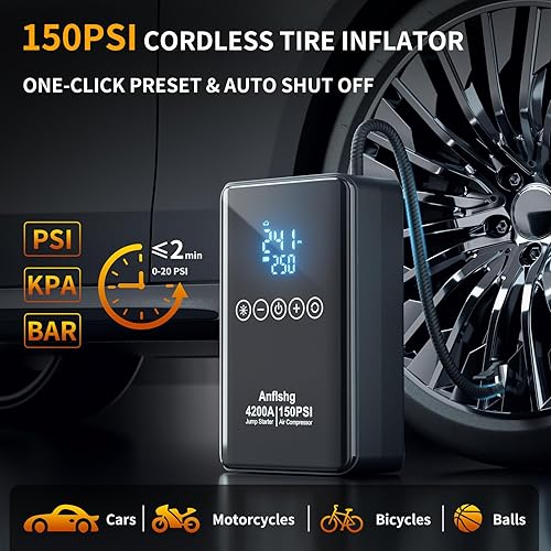 Miniatura 3 de Arrancador portátil de batería de coche con compresor de aire, caja de salto de 4200 A 150 PSI (todo gasolina8L diesel), paquete de salto de 12 V