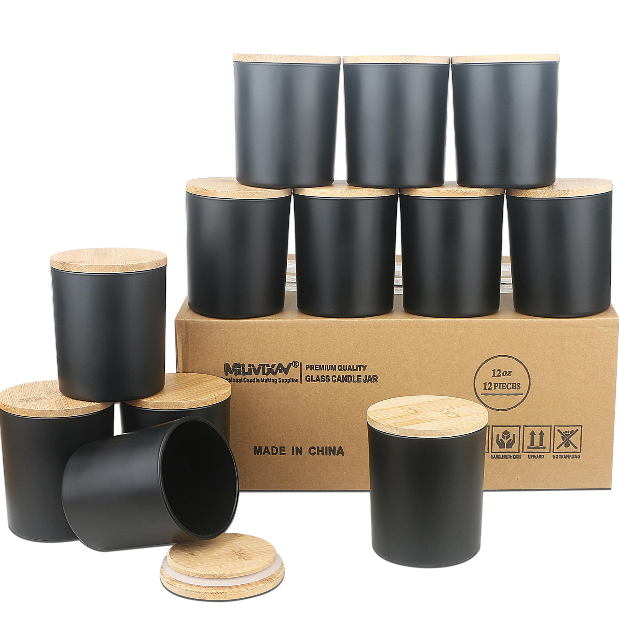 MILIVIXAY 12Pack 12 OZ Matte Black Thick Glass Candle Jars with Lids - Bulk Empty Candle Jar for Making Candles - Spice, Powder Containers.