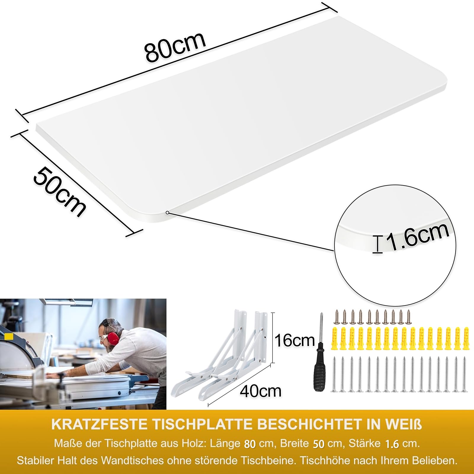 Wandklapptisch, 80x50cm, Weiß, Minimalistischer Schreibtisch für Küche und Büro, Klappbar, Maximale Belastung 20kg (Weiß, 80x50cm)