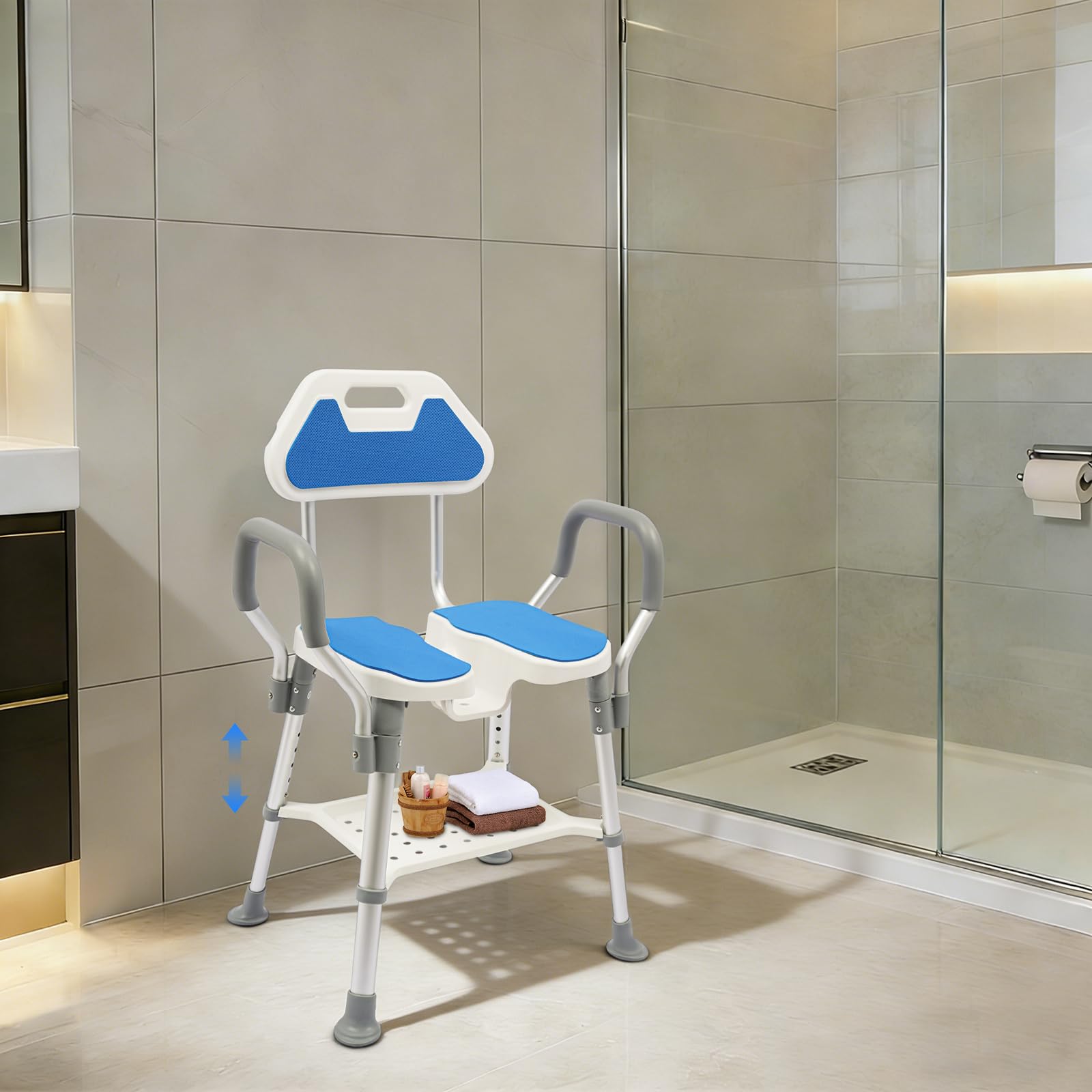 Taburete de ducha con respaldo, 5 niveles de altura regulable 38-48 cm, silla de baño con capacidad de carga de 150 kg, asiento de ducha con reposabrazos, asiento de ducha antideslizante