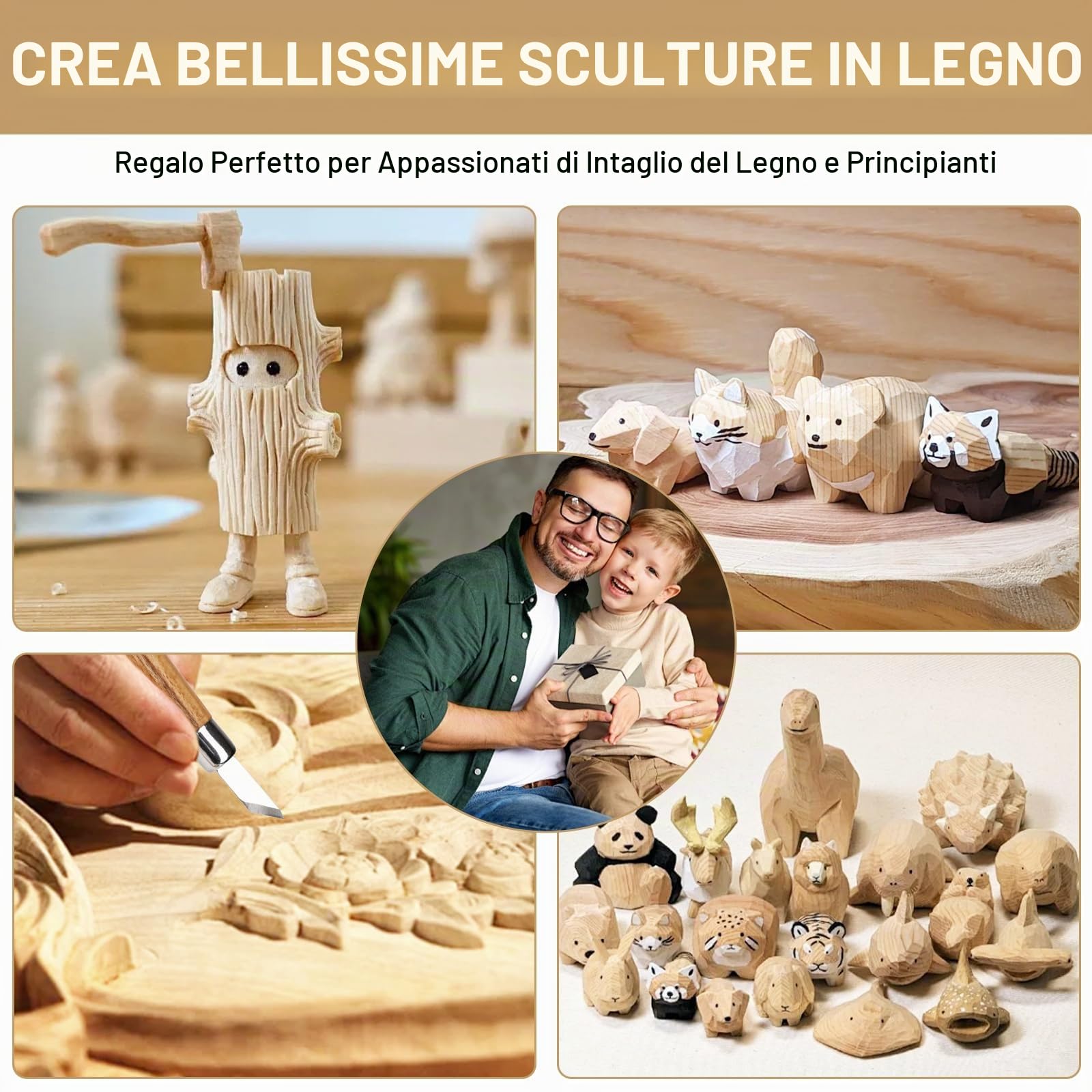 Set di strumenti per intaglio in legno, set di strumenti per intaglio con guanti resistenti al taglio, manico e pietra per affilare, per principianti e professionisti