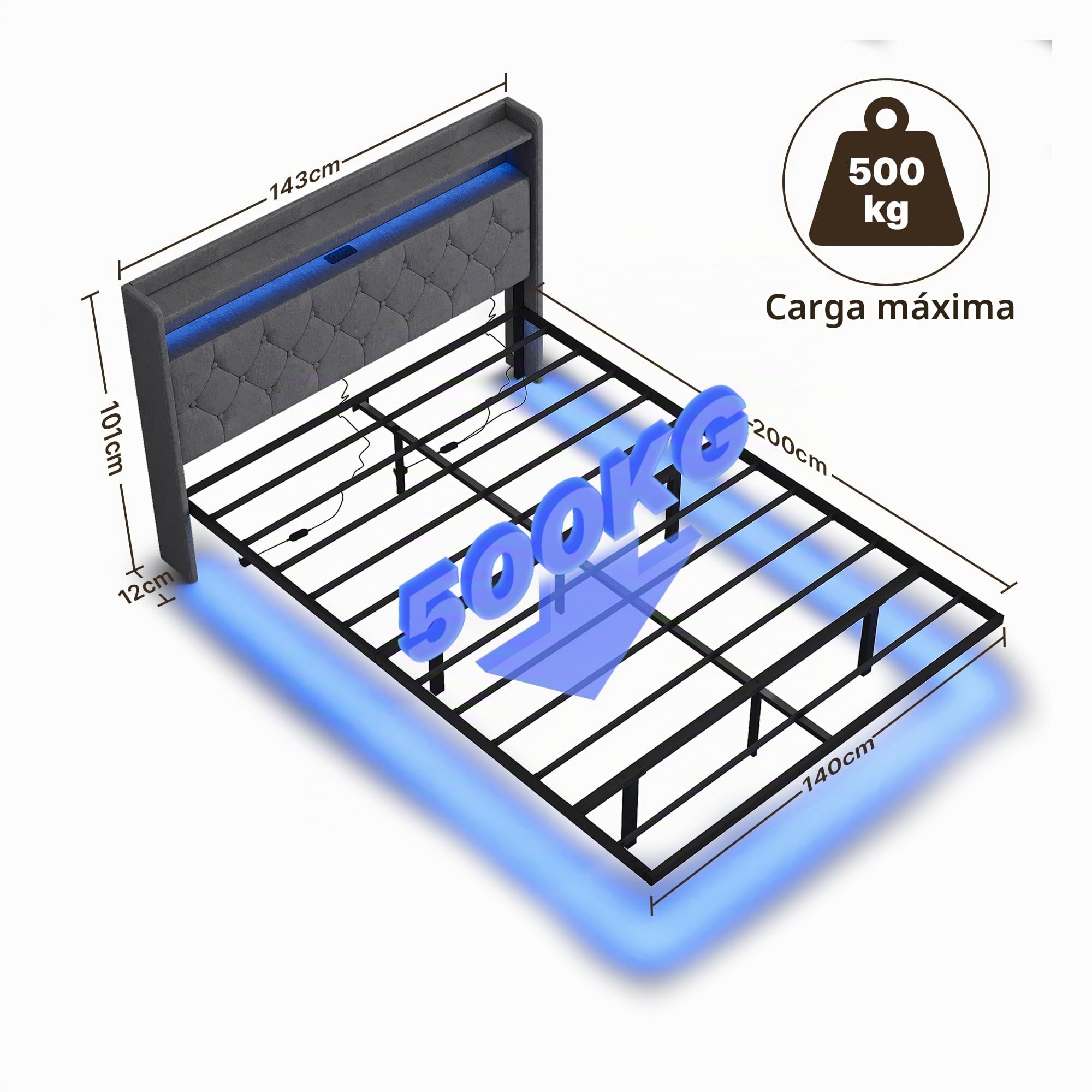 Xbro Cama 140x200 cm con Flotante，Cama Tapizada con Iluminación LED y Estación de Carga (USB/Enchufe), Cabecero Acolchado con Espacio de Almacenamiento, Somier, Gris Oscuro(Sin Colchón)