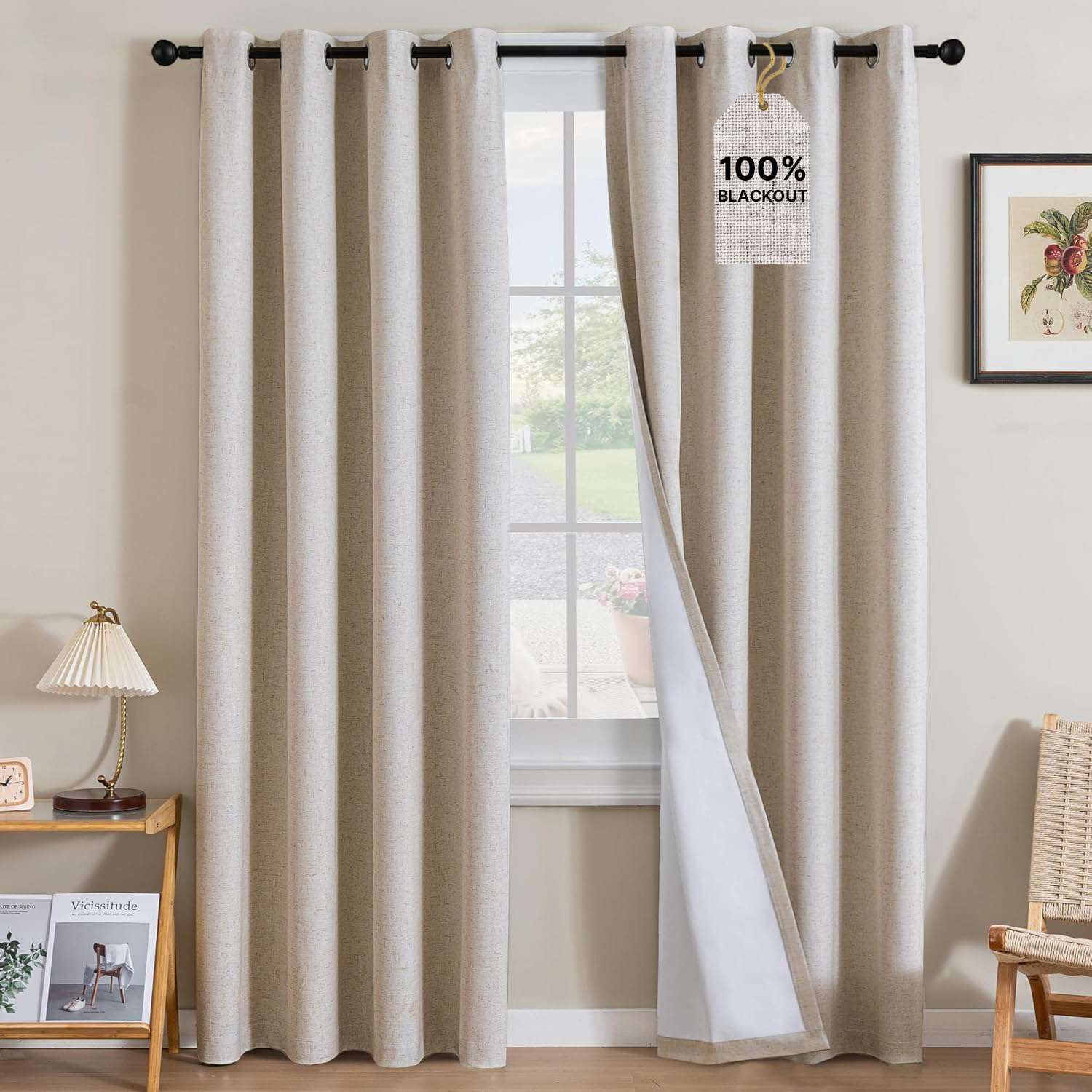 H.VERSAILTEX Linen Curtains 100% Blackout Curtains for Bedroom 90 inch Long Full Light Blocking Nature Linen Blended Window Curtains for Living Room Nickel Grommet (2 Panels, Heathered Natural)