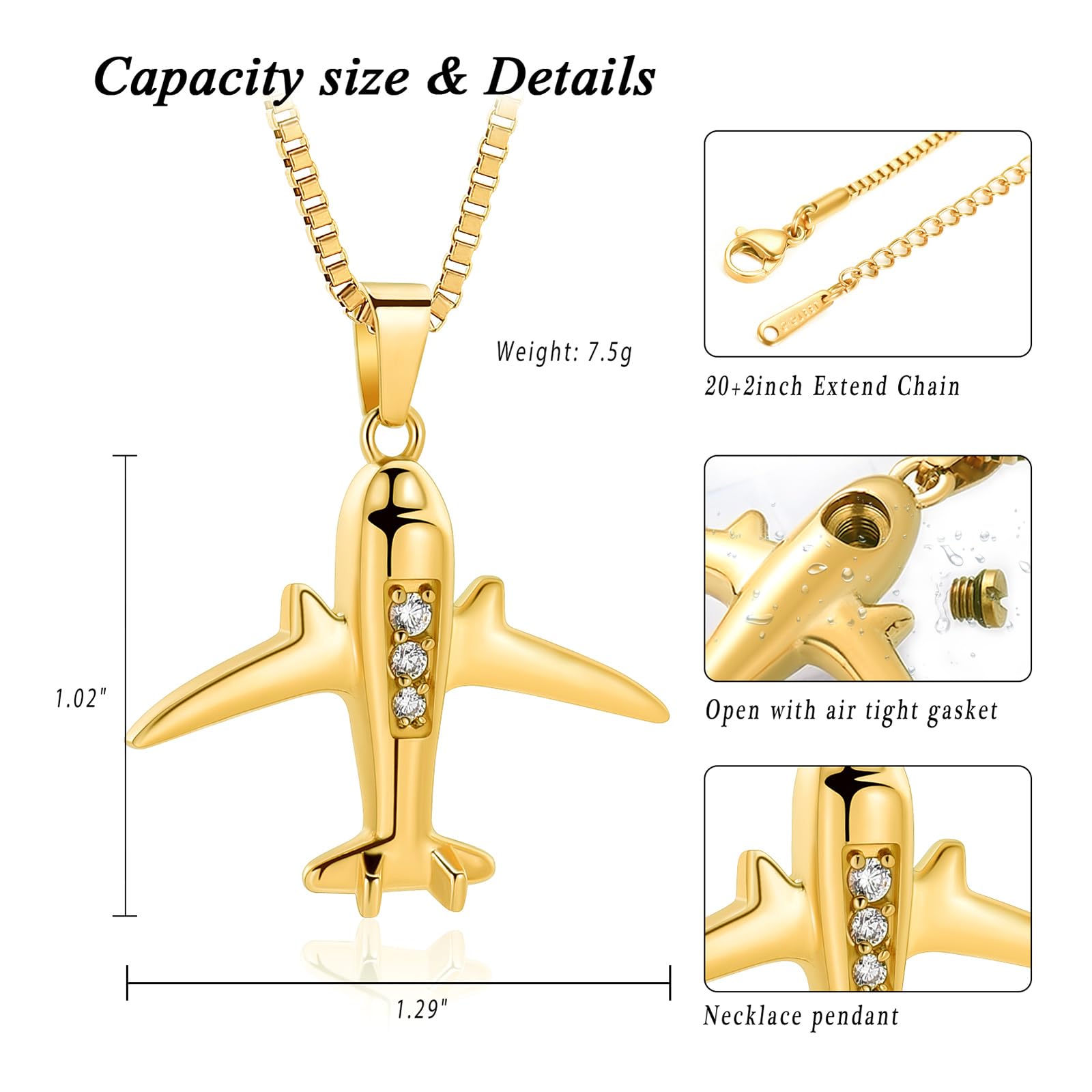 XSMZB Airplane Pendant Cremation Jewelry for Ashes Stainless Steel Memorial Keepsake Urn Necklace (Small-Gold)