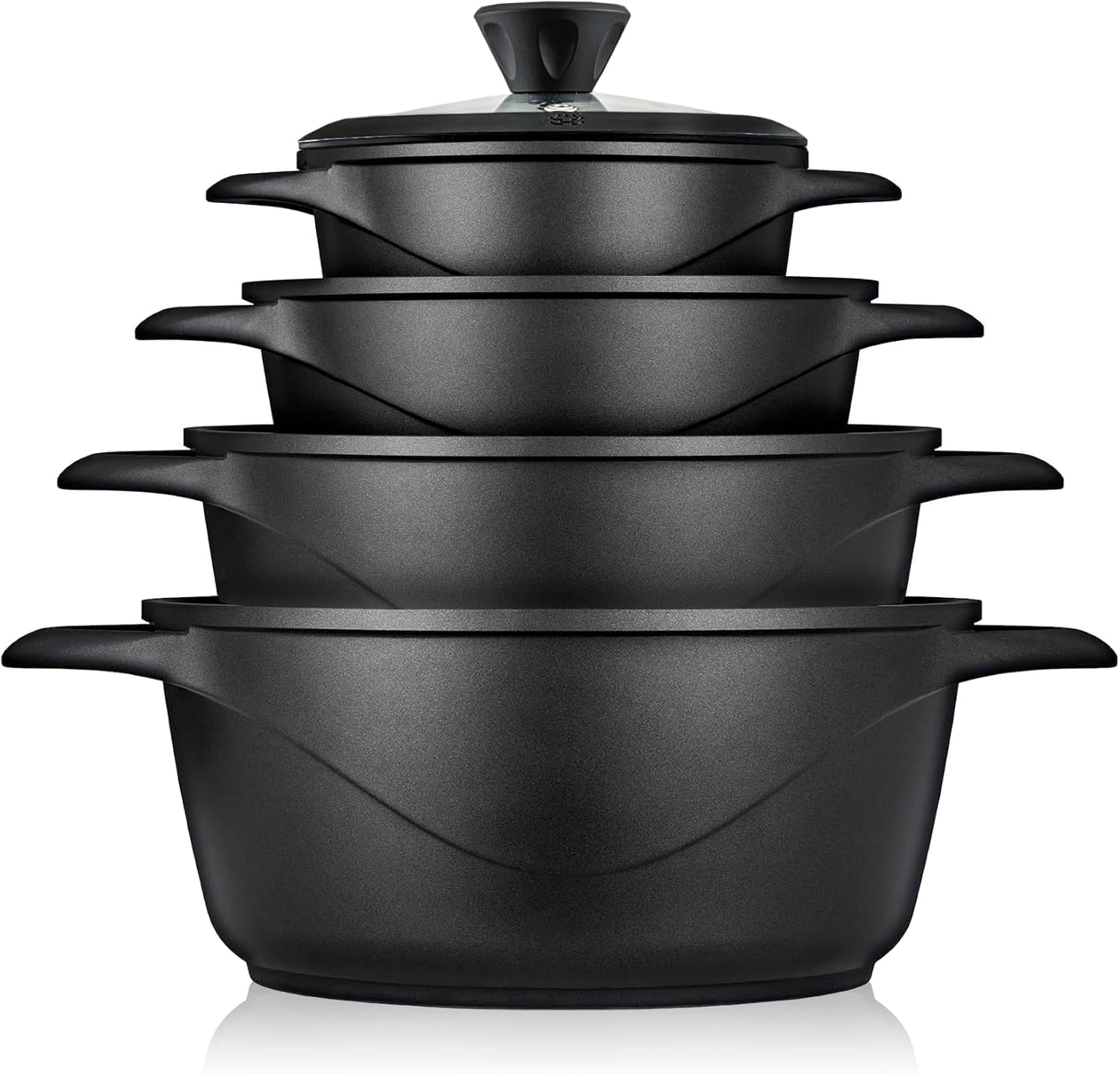 briebe Set Pentole Induzione Batteria 8 Pezzi, 4 Casseruola, Alluminio Pressofuso, Antiaderente ILAG GRANITEC senza PFOA, Coperchi in Vetro, Guanti in Silicone, Vetroceramica, Gas, Forno, MGK-12S