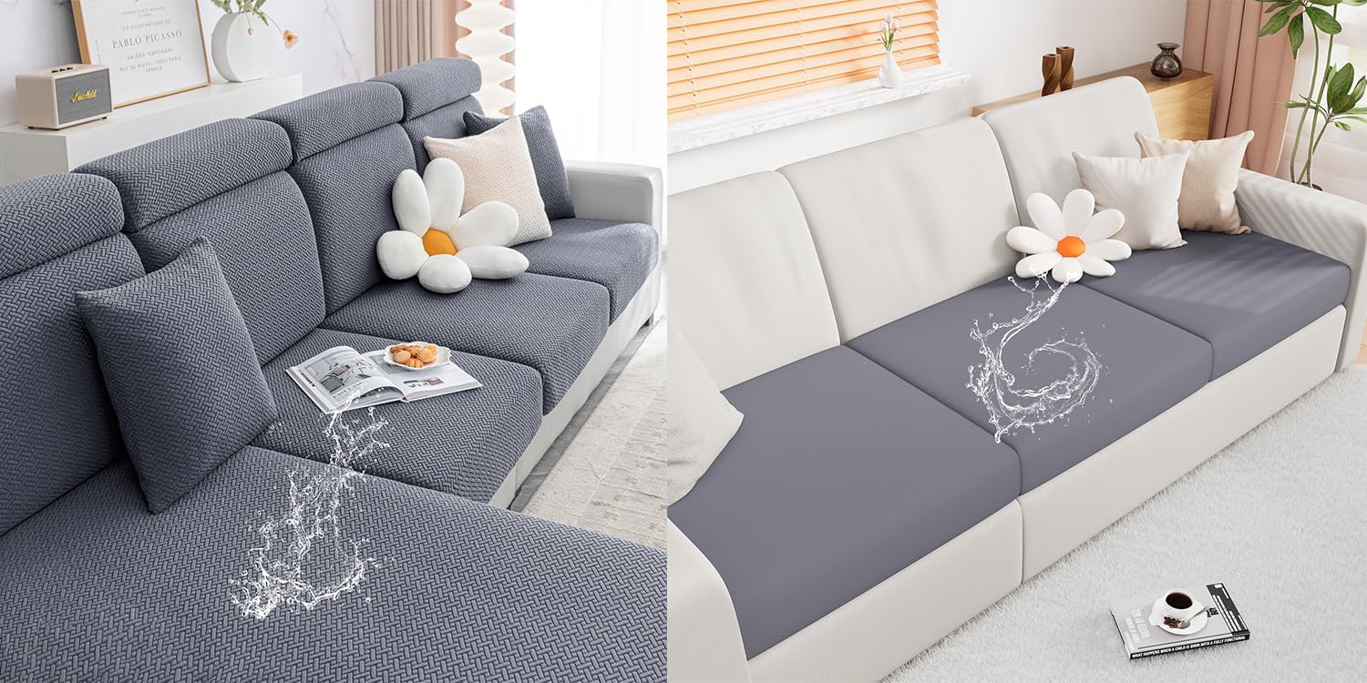 Smiry Waterproof Couch Cushion Covers 3PC and Stretch Replacement Sofa Cushion Covers 3PC in Grey, 2 Item Bundle