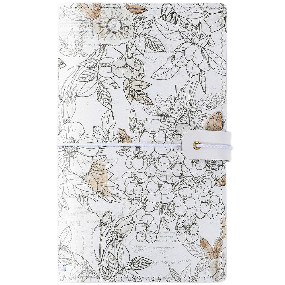B6 Travelers Filofax Notebook 2 Refillable Journal Blank Pages Bind with 4 Rubber Bands Assorted Printing Softcover 14 Pockets Pen Loop Stave Beige Flower
