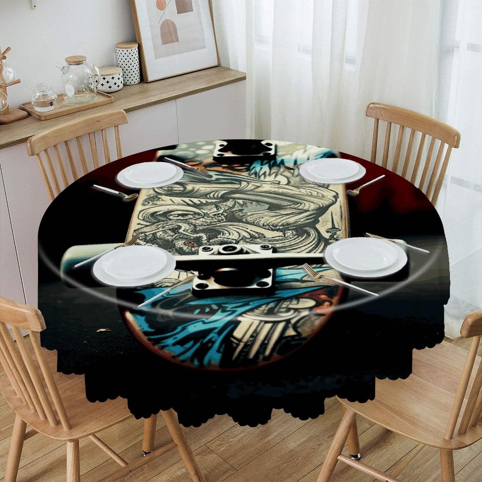 Adfgyerh Style Skate Boards Table Cloth Easy To Clean, Home Decor Lace Design, Soft And Comfortable, Round Tablecloth Suitable For Homes, Restaurants, Hotels, Patio Tables, Etc.