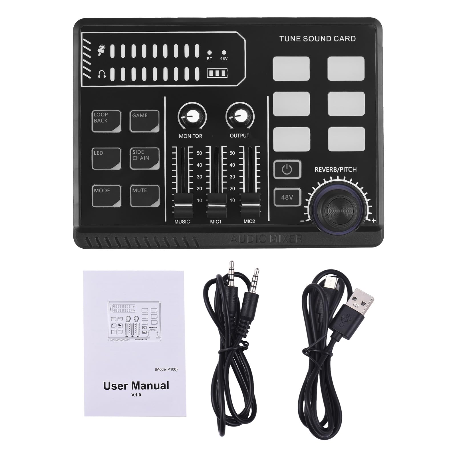 Btuty Gaming Audio Mixer mit 48V Phantom Power, RGB Mischpult für XLR Mikrofon, BT Soundkarte für Streaming