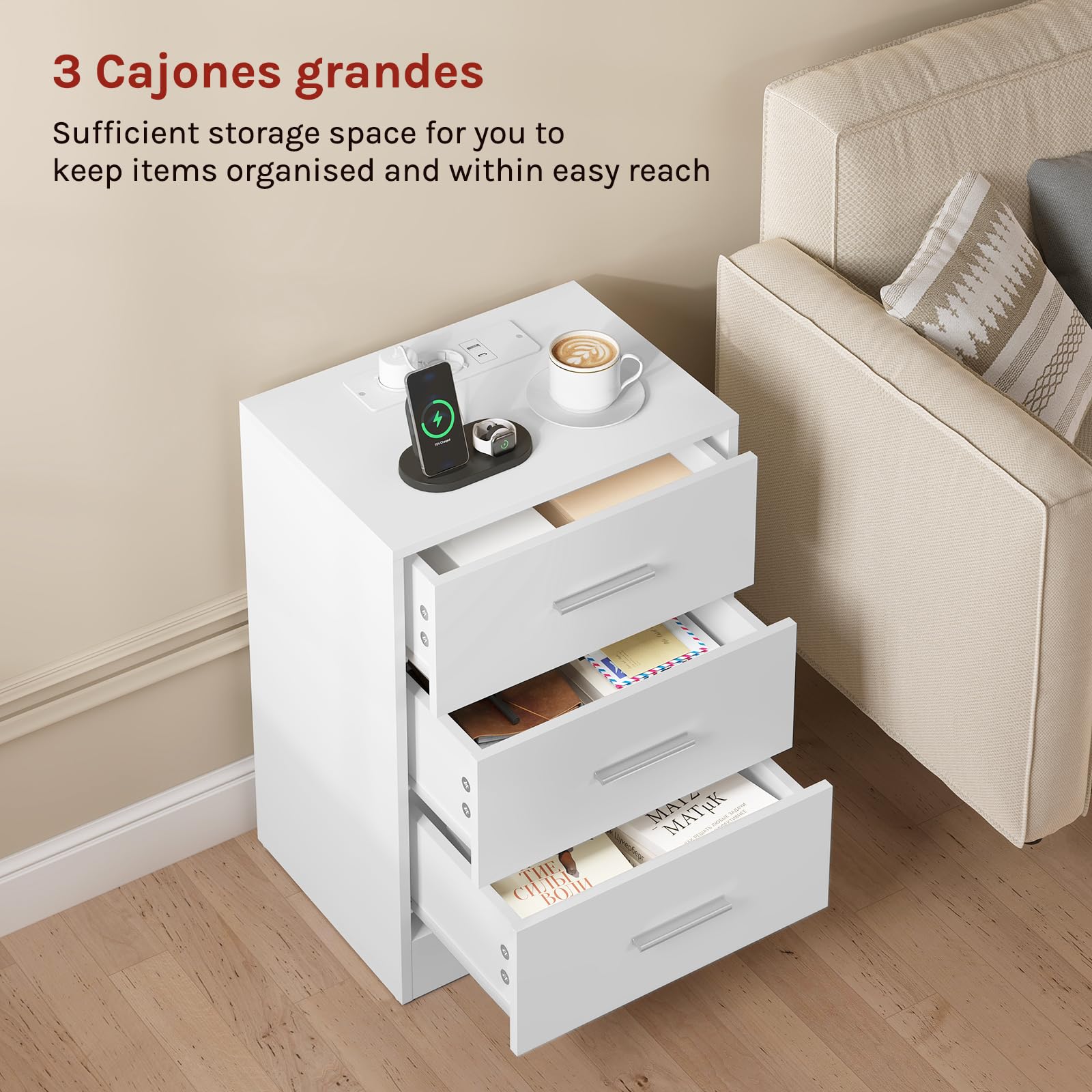 WOLTU Mesitas de Noche, Mesas de Centro con Enchufes, Mesitas de 3 Cajones, Mesillas de Noche para Dormitorio, Salón y Estudio, Blanca, MDF, 39x28,5x54,5 cm
