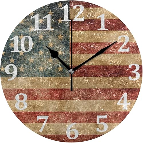 Reloj de pared con la bandera estadounidense, 10 pulgadas, vintage, patriótico, silencioso, sin tictac, funciona con pilas, diseño preciso de
