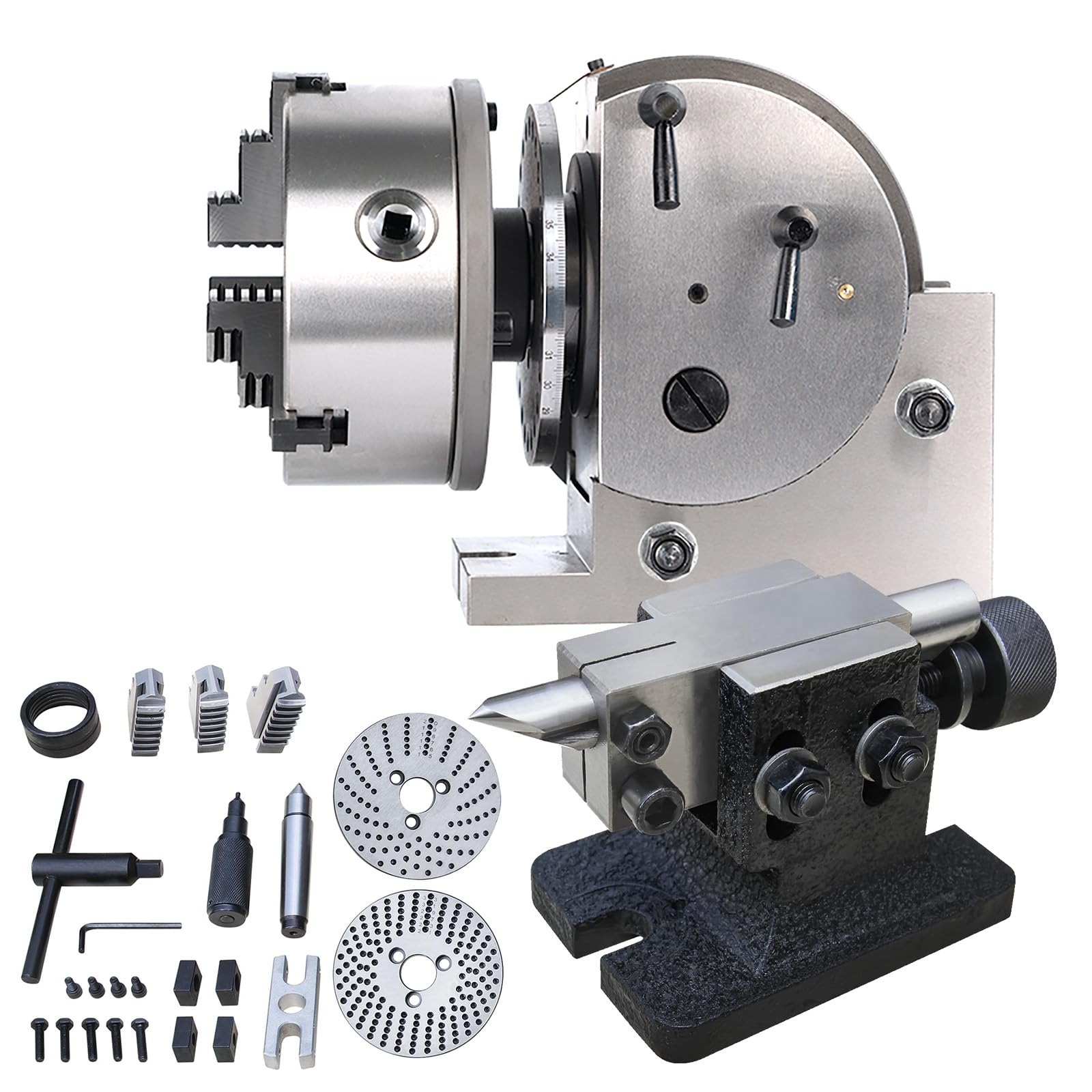 Dividing Head Kit, 0-90° Rotary Indexing Head 3Jaw,4/5/6/8in Chuck with Tailstock Dividing Plates CNC Mill for Drilling Milling Grinding, Dividing