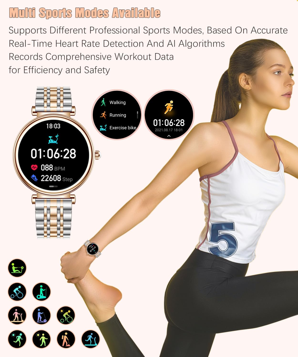 Smart Watch da donna con schermo a colori da 1,25 pollici, smartwatch da donna, impermeabile IP67, fitness tracker con cardiofrequenzimetro e monitoraggio del sonno, contapassi