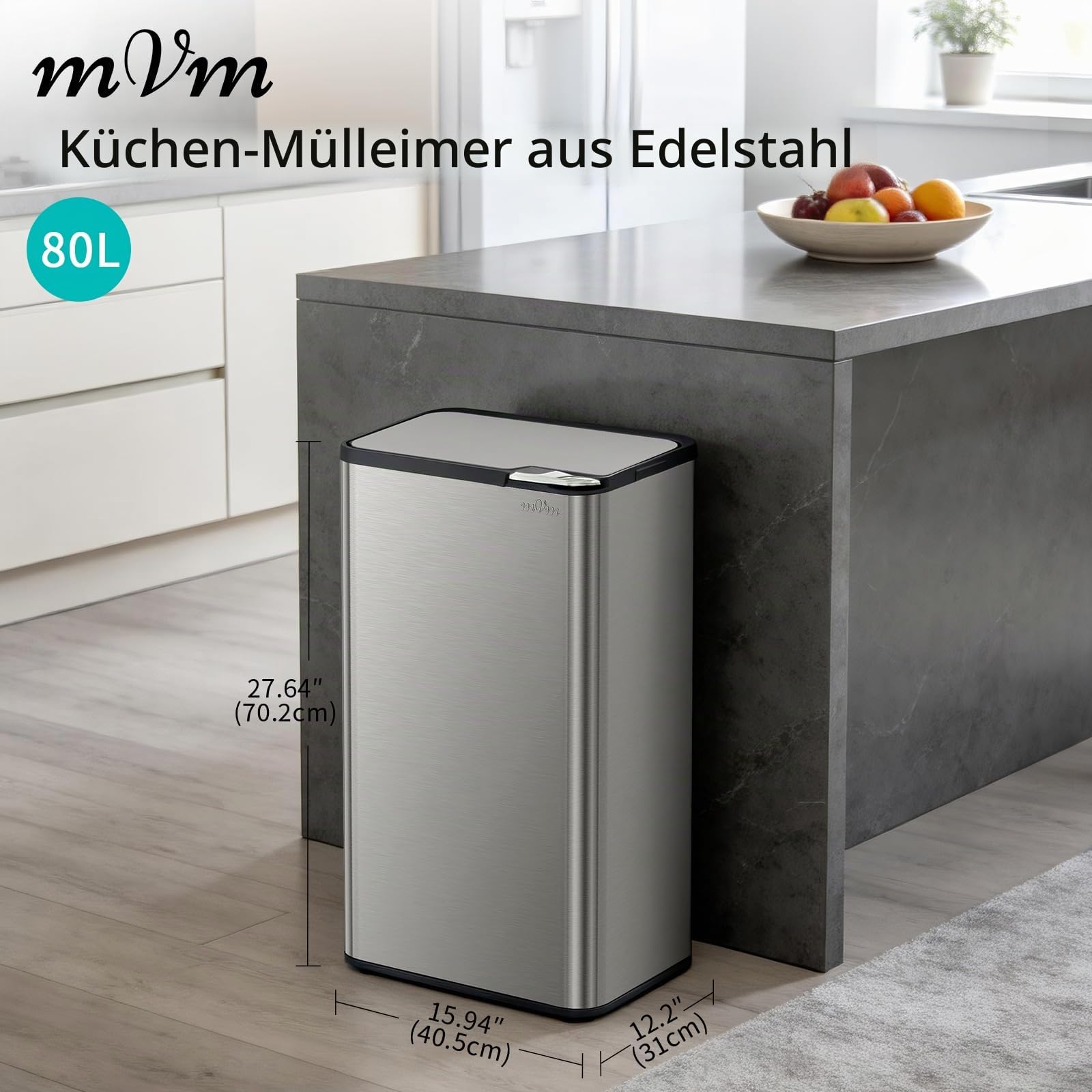 mVm Küchen & Büromülleimer 80L, Edelstahl, Rechteckig, Mit Deckel & Geruchsfilter, Sanftschließend & Offen Haltbar, Abnehmbare Halterung