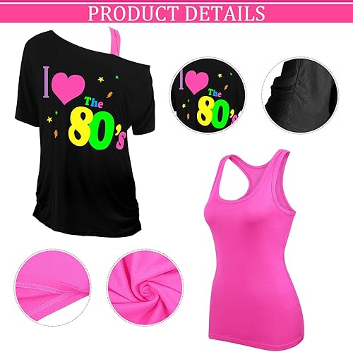 Miniatura 3 de I Love The 80s Disco 80s Disfraz de los años 80 con hombros descubiertos camiseta sin mangas diadema aretes collar calentadores de piernas guantes
