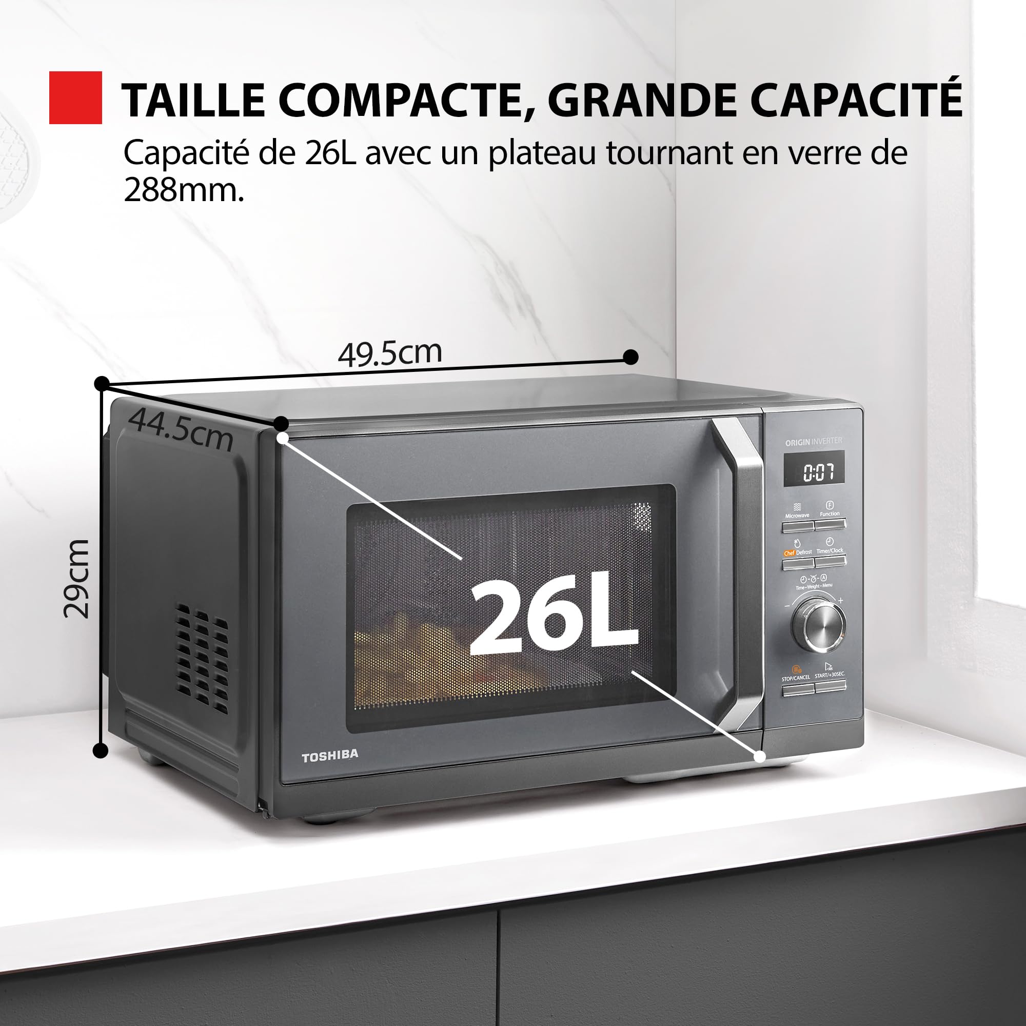 Toshiba Four à Micro-ondes Multifonction 26L,MW3-AC26SFI(MG), Grande capacité, Combiné 6-en-1 avec Friteuse à Air, Chef Defrost, Avec bol vapeur, Gris Morandi