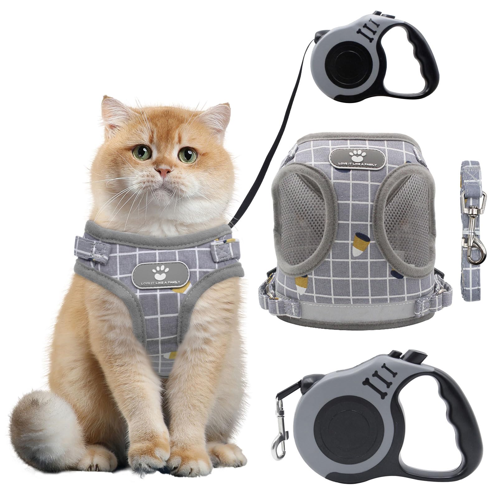 Set pettorina e guinzaglio gatto catarifrangente rete traspirante regolabile 5 m grigio S