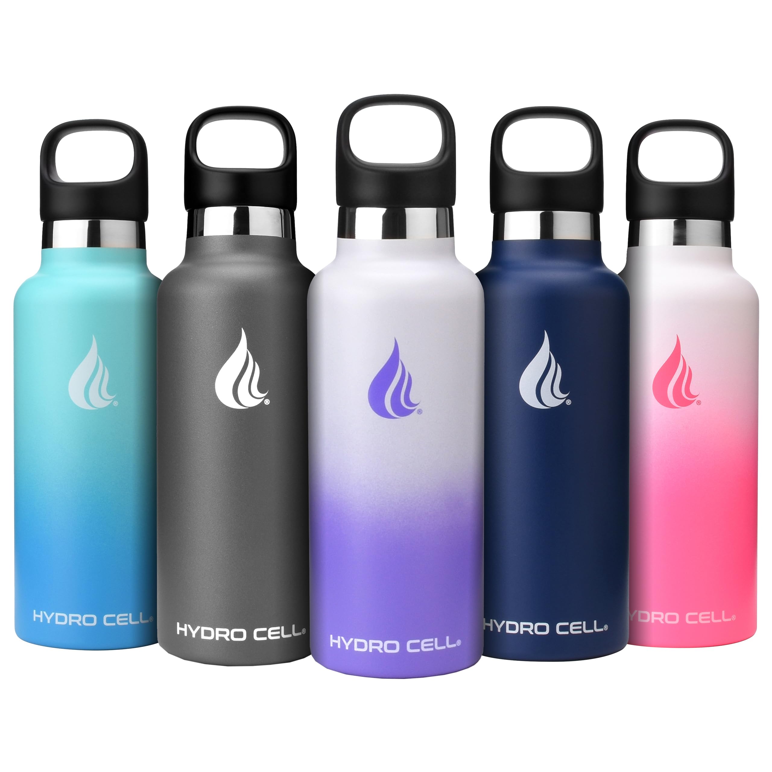 HYDRO CELL Stainless Steel Water Bottle with Straw & 2 Standard Mouth Lids (32oz 24oz 20oz 16oz) Keeps Liquids Hot or Cold w/Double Wall Vacuum