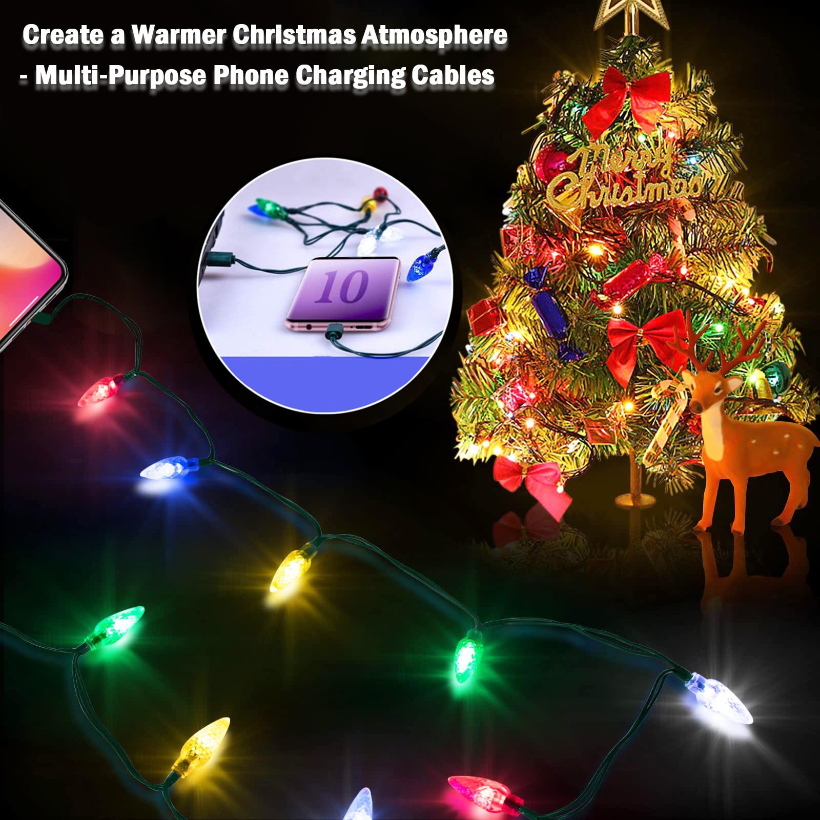 Confezione da 2 cavi di ricarica per telefono con luci natalizie, cavo di ricarica USB A a tipo C da 55 pollici con 10 lampadine LED, cavi di ricarica Holiday compatibili con telefoni e 17/16/15 e Pad