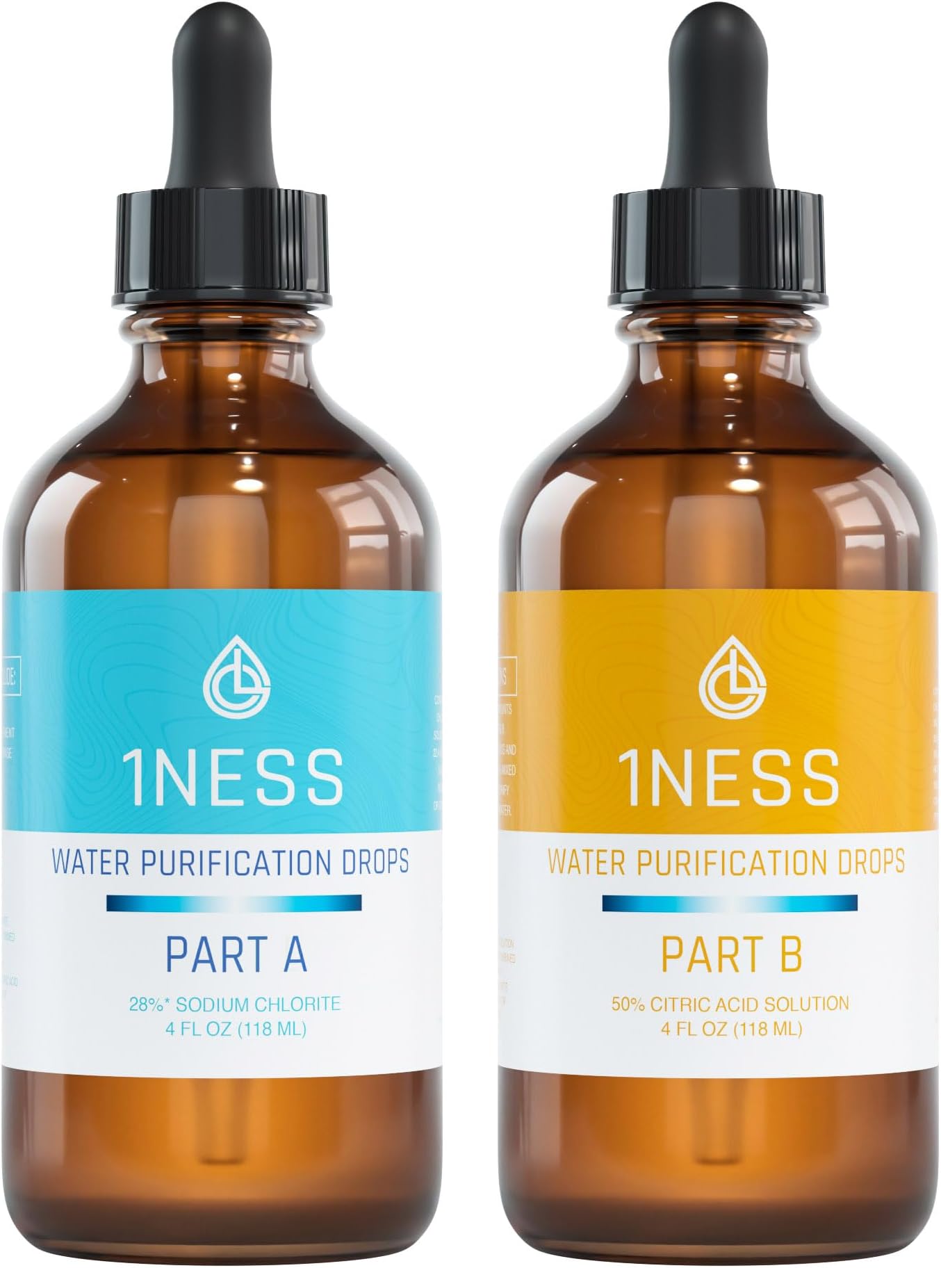 1ness Chlorine Dioxide Kit | 2 Part Liquid Classic 1:1 Set | Citric Acid 50% : Sodium Solution 28% | 1x 4oz Solution A + 1x 4oz Solution B