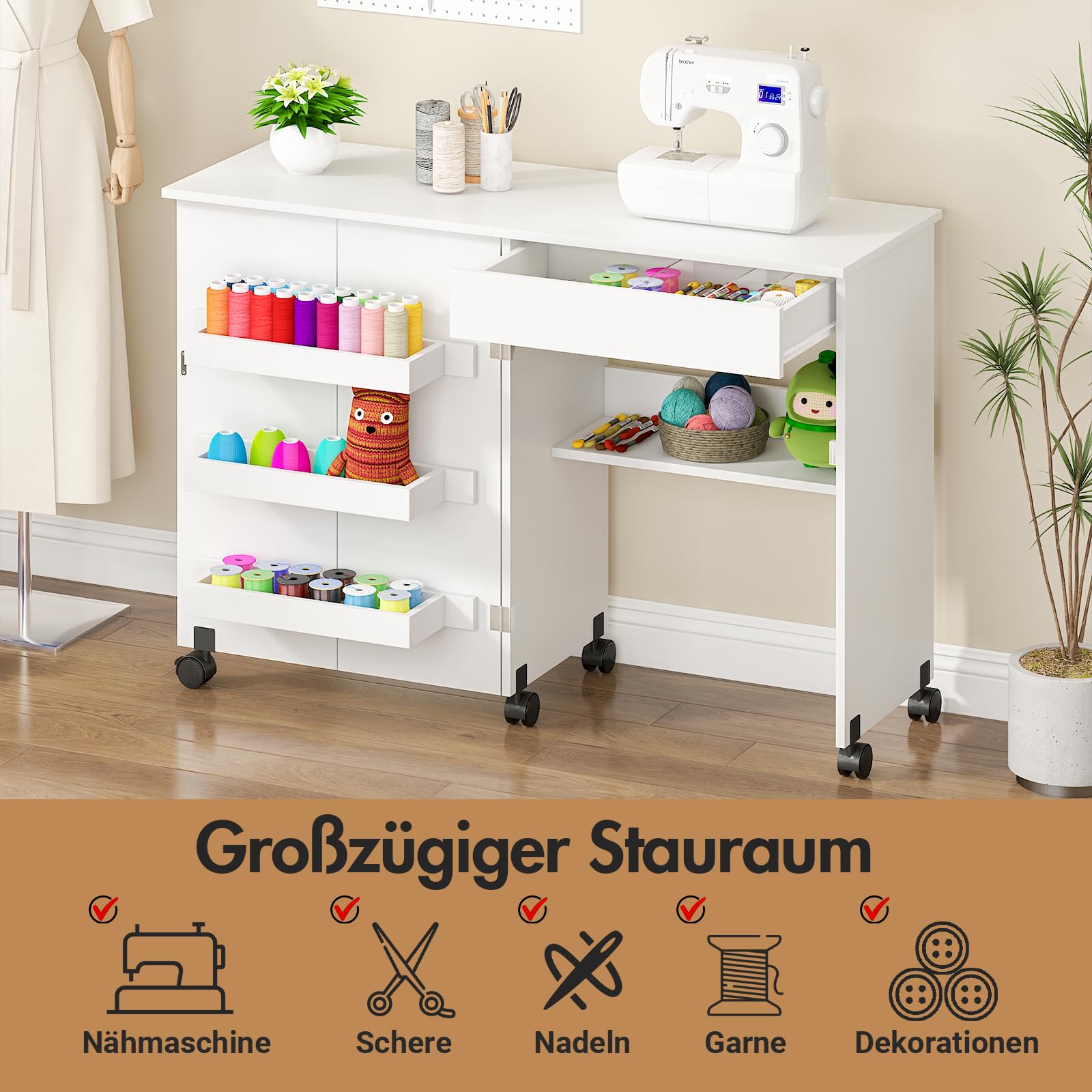 Nähtisch Klappbar & 2-in-1 Nähmaschinentisch – Mobiler Nähmaschinenschrank mit Rollen, 4 Ablagefächern & Schublade – Multifunktionaler Basteltisch & Schreibtisch für Wohnzimmer & Arbeitszimmer