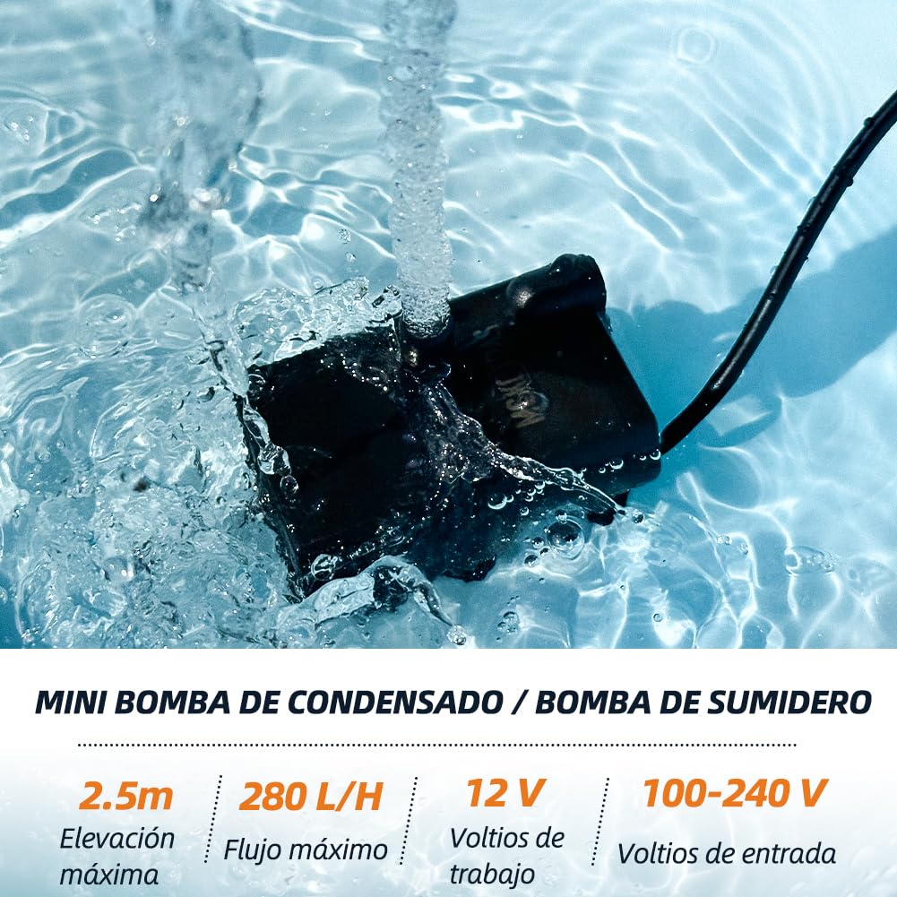 Bomba de sumidero pequeña automática con sensor de agua, elevación de 2,5 m, 280 L/h con tubo de 1,8 m, mini bomba de extracción de condensado HVAC de 115/230 V con interruptor flotante para