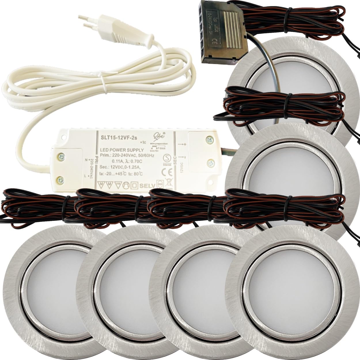 6er Set LED Möbel Einbauleuchten Edelstahl Gebürstet superflach 3W warmweiß 3000K 180lm 12V mit 15W LED Trafo 230V Zuleitung. LED Spots für das Wohnzimmer, Küche oder Bad.