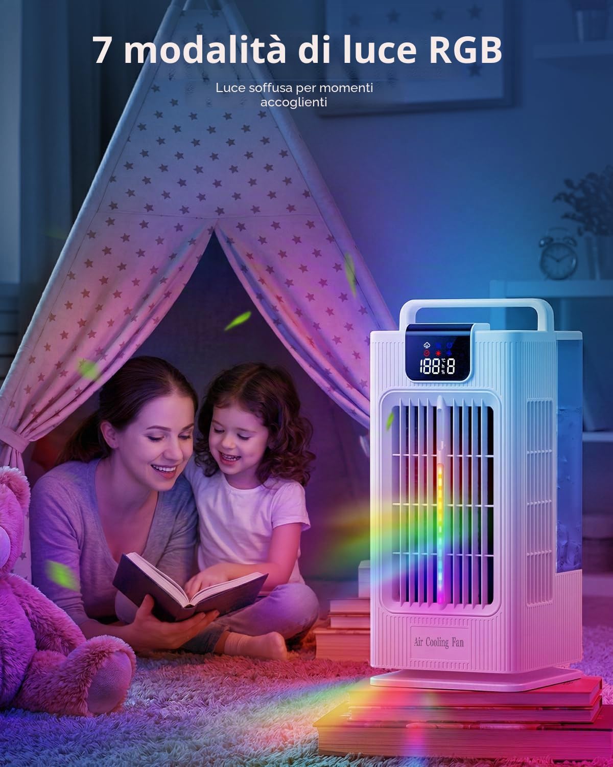 Mini condizionatore portatile: ventilatore raffreddamento ad acqua, serbatoio 2000ml, oscillazione 120°, 4 velocità, LED, timer + telecomando, senza tubo di scarico per casa/ufficio