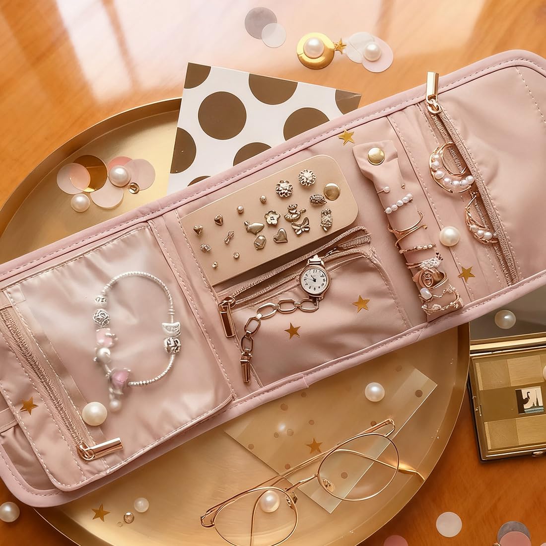 Bolsa Almacenamiento de Joyas, Organizador Plegable y de Viaje, Rollo Portátil, Compacta y Ligera, con Múltiples Compartimentos para Collares, Pendientes, Anillos, Pulsera, Relojes
